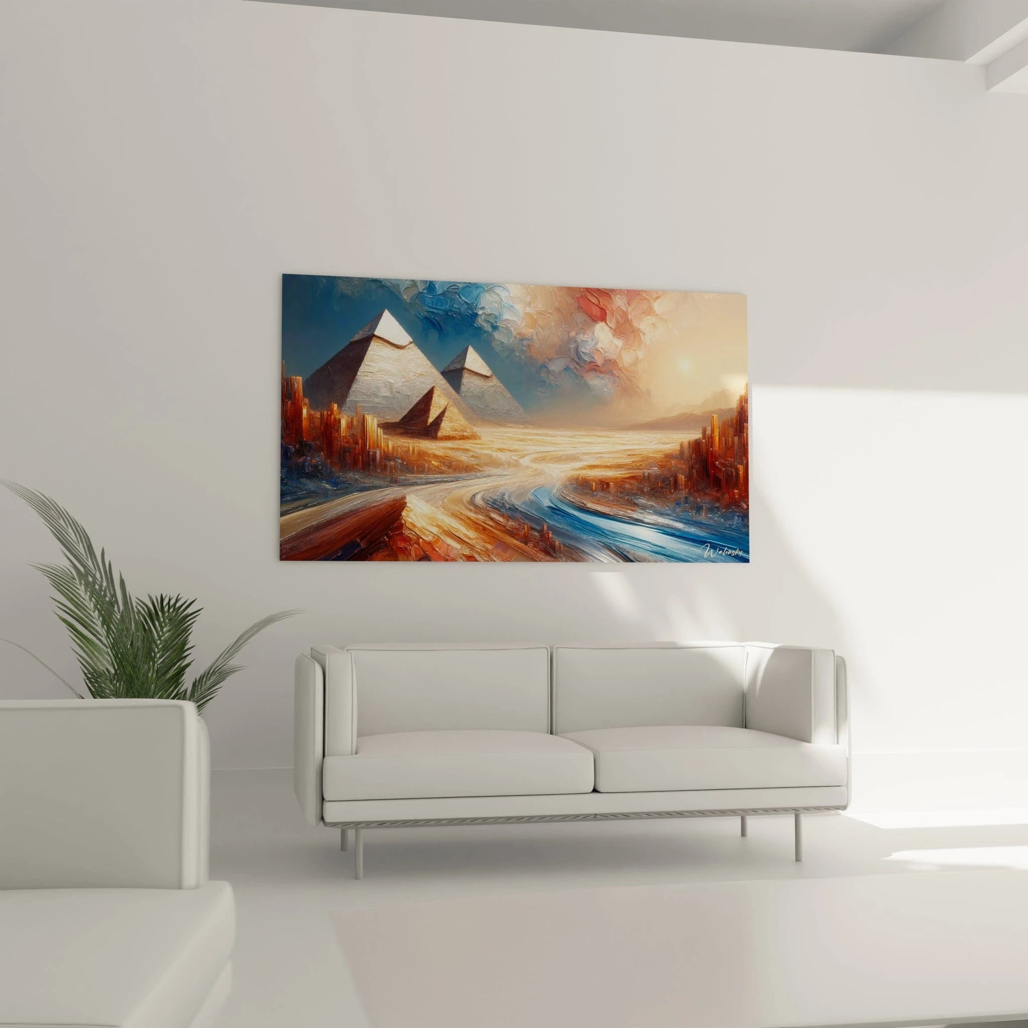 Un tableau abstrait de site archéologique avec trois pyramides. Les couleurs principales sont bleu ciel, sable doré, blanc crémeux et brun rougeâtre. La texture montre des applications généreuses de peinture créant un relief prononcé pour les monuments triangulaires illuminés, avec des lignes courbes qui convergent vers eux comme des routes à travers un désert aux tons chauds.