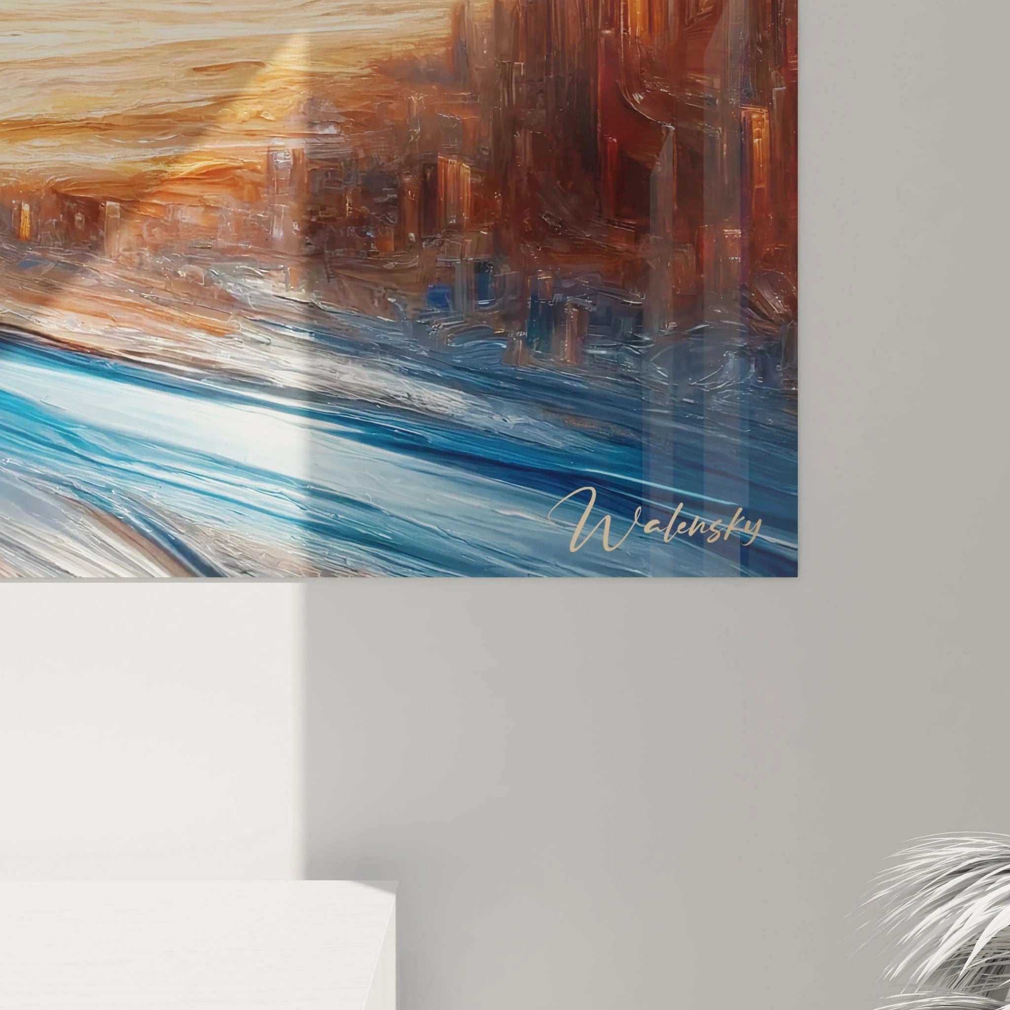 Un tableau abstrait d'horizon égyptien avec pyramides majestueuses. Utilise une palette de bleu turquoise, or, blanc et rouille. La texture présente des empâtements épais pour les structures pyramidales, des coups de spatule dynamiques pour le terrain désertique, et des nuages texturés dans un ciel lumineux, créant un paysage stylisé aux perspectives exagérées menant vers les monuments.