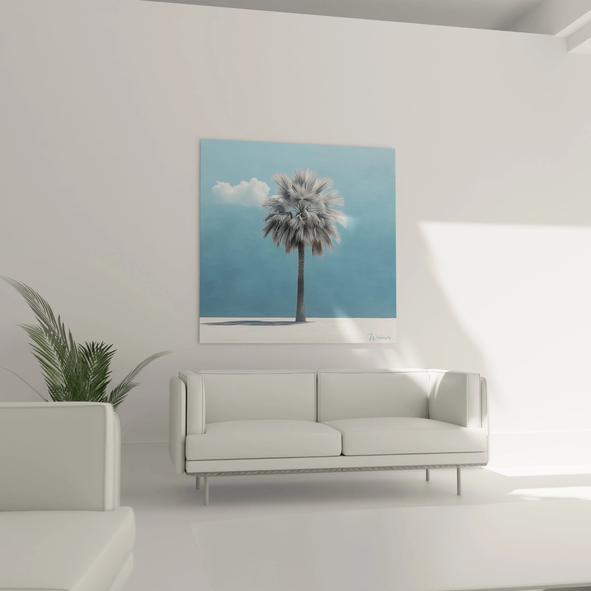 Un tableau artistique montrant un palmier solitaire aux teintes argentées sur fond de ciel bleu profond et sol blanc éclatant, jouant sur les contrastes chromatiques et texturaux, avec une attention particulière aux détails des frondes rayonnantes et une composition centrée délibérément épurée.