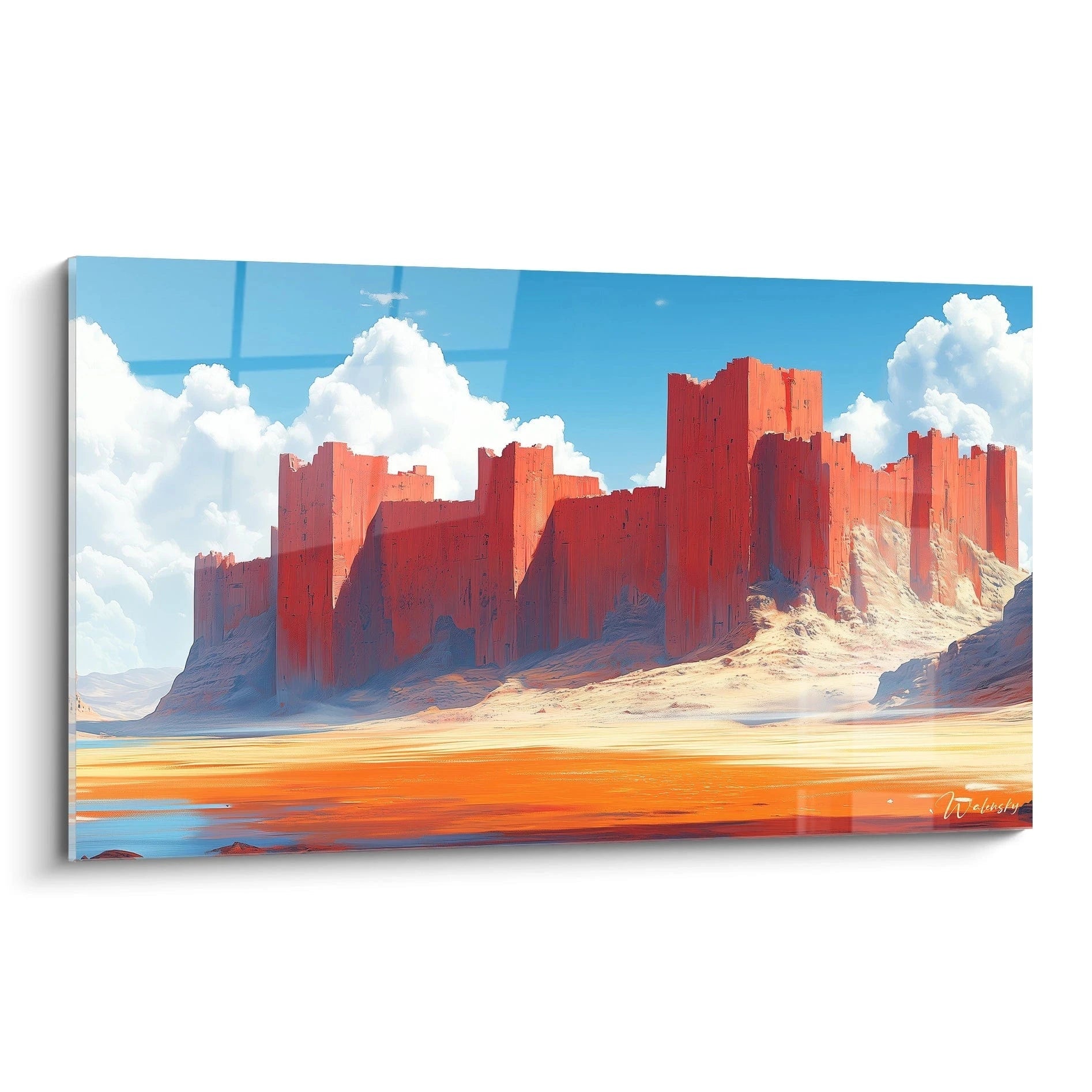 Un tableau désert représentant d'imposantes formations rocheuses orangées et rouges sous un ciel bleu parsemé de nuages blancs, avec des textures granitiques détaillées et des reflets dorés sur la roche.