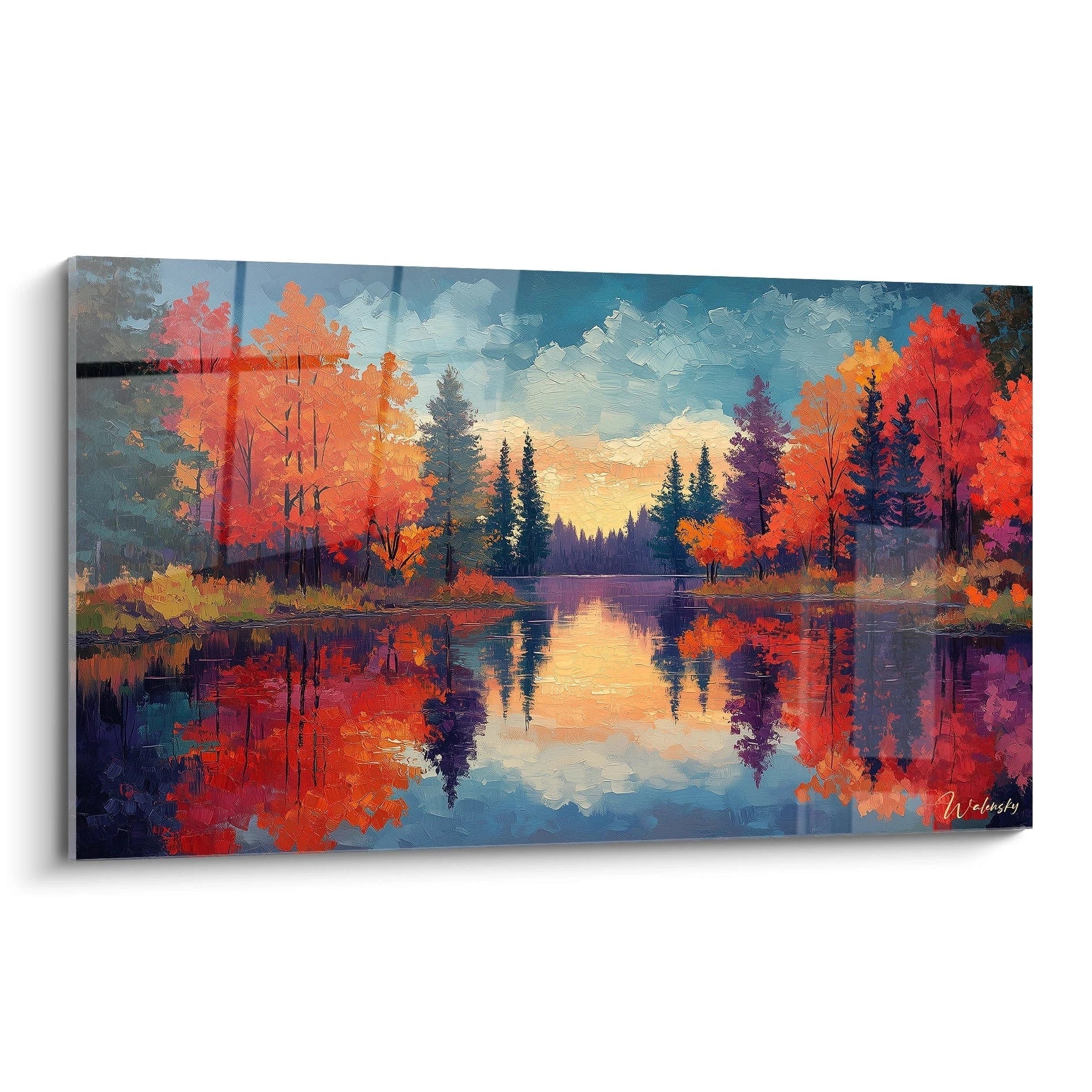 Un tableau artistique représentant une forêt automnale se reflétant dans un lac calme, avec des arbres aux feuillages rouge-orangé vibrants, des conifères vert foncé, et un ciel bleu crépusculaire créant une composition symétrique aux textures empâtées.