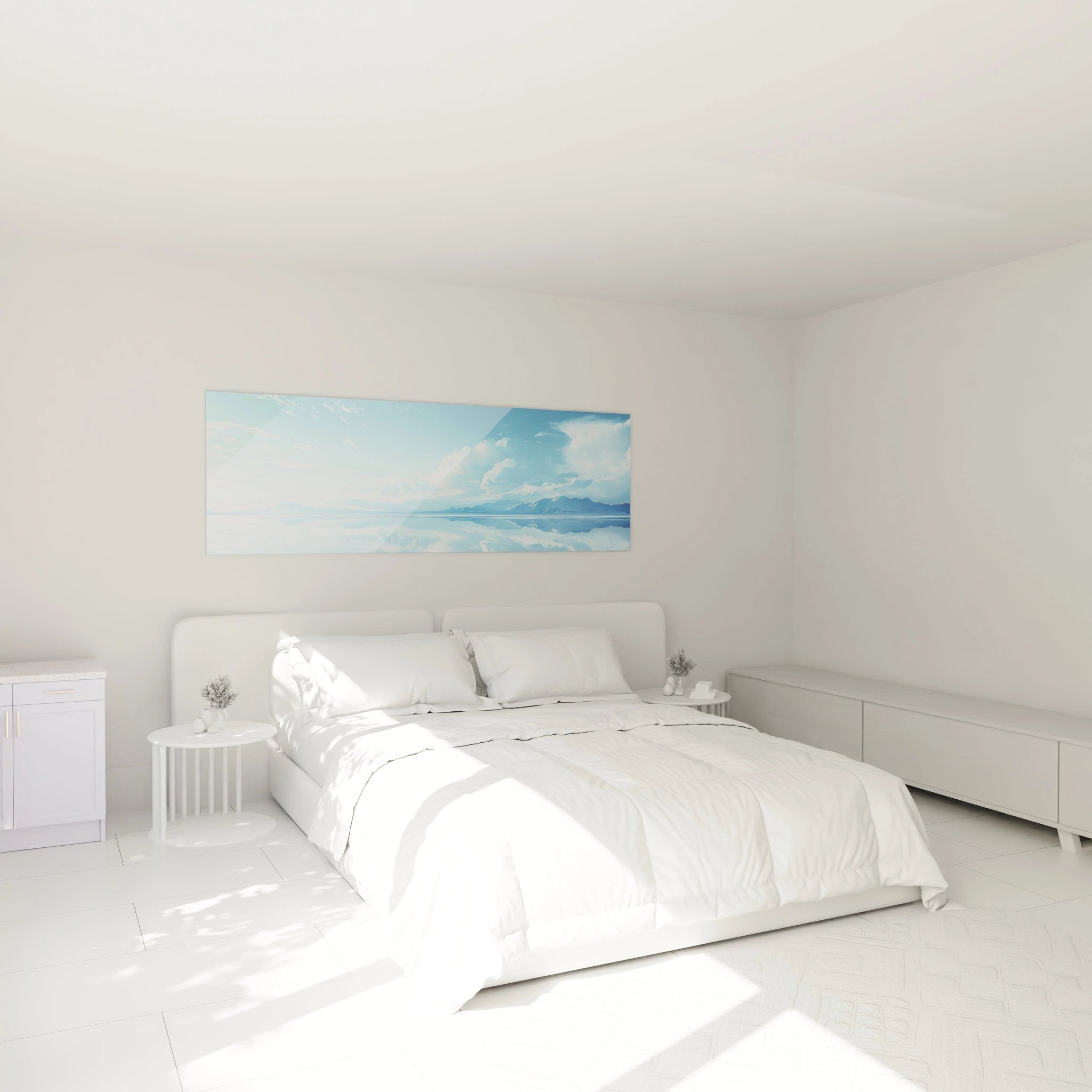 Un tableau montagne panoramique capturant la symétrie parfaite entre ciel et eau. Des montagnes bleues se découpent à l'horizon, entourées de nuages délicats. L'effet miroir entre le paysage et son reflet crée une atmosphère éthérée accentuée par la palette monochrome de bleus allant du turquoise au bleu marine.