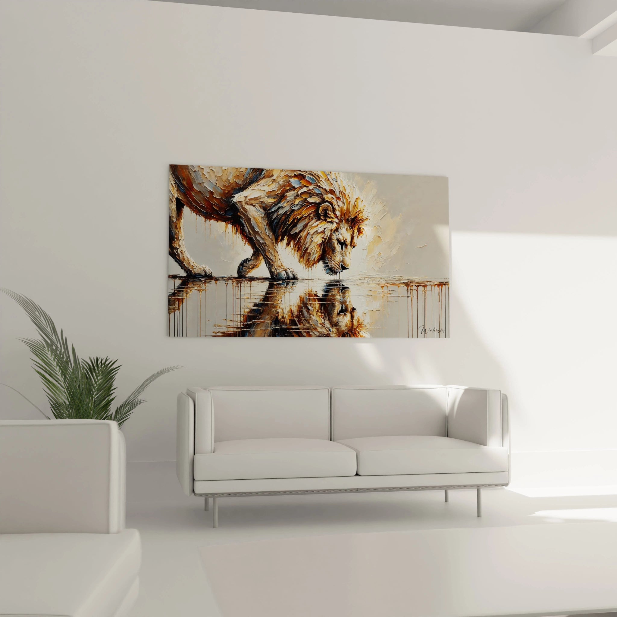 Ce tableau lion suspendu au-dessus du canapé dans le salon, apporte un charme naturel et moderne. Les détails vibrants et la symbolique de la tortue captivent et invitent à la contemplation.