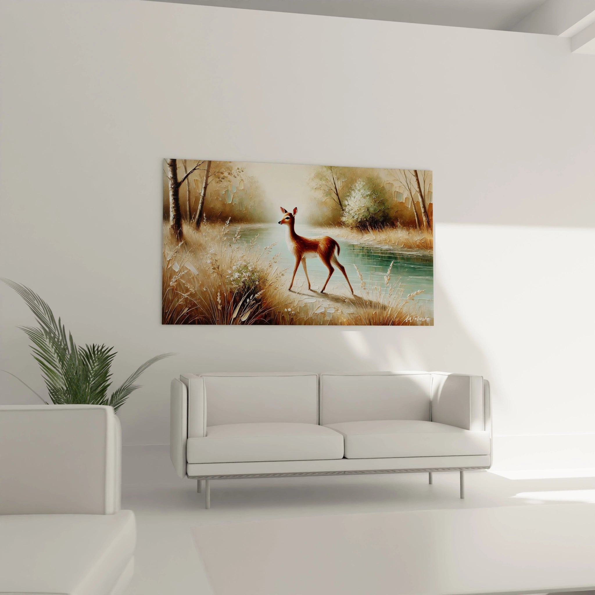 Ce tableau biche embellit le salon en étant accroché au-dessus du canapé. Sa représentation délicate de la nature invite à la détente et à la contemplation.