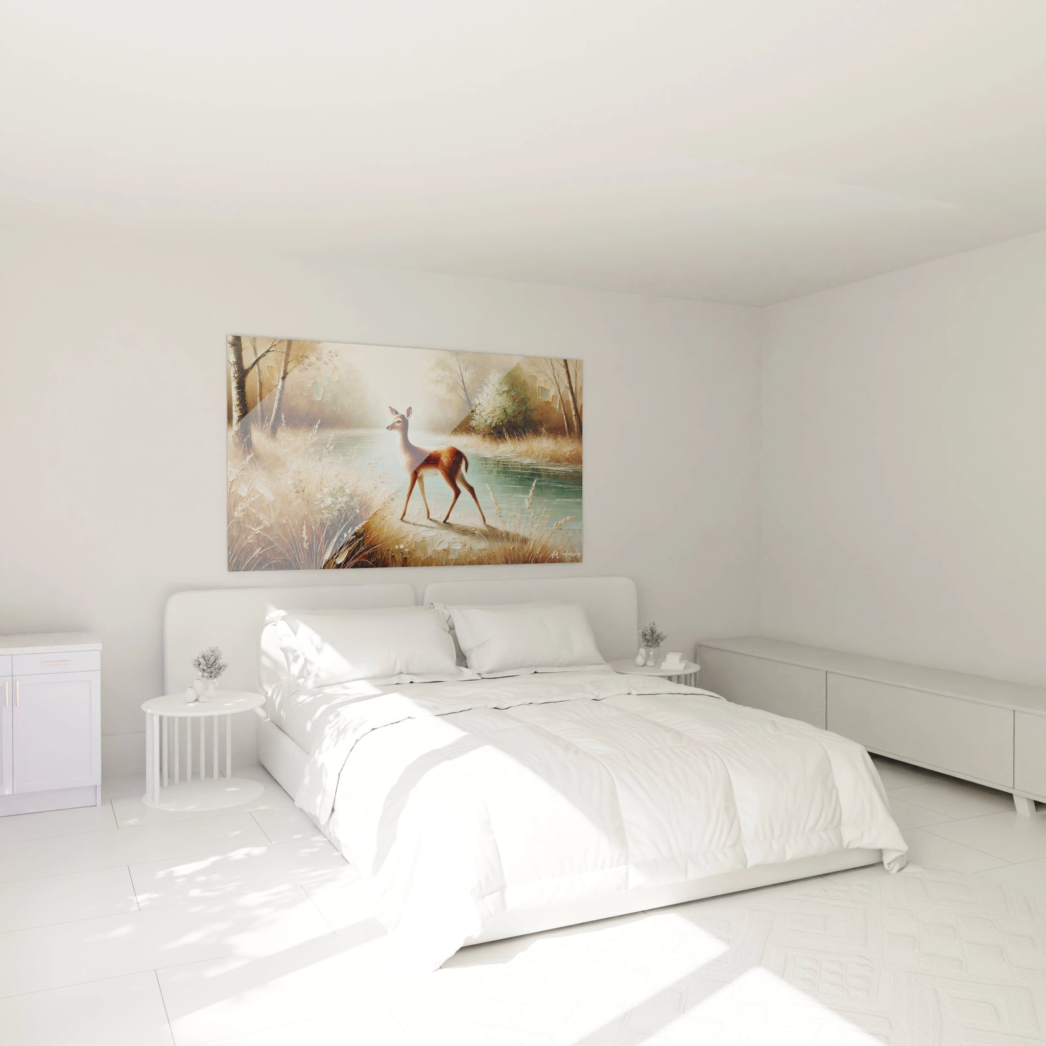 Ce tableau biche accroché au-dessus du lit crée une atmosphère apaisante. Son élégance naturelle et ses couleurs douces apportent une touche de calme et de sérénité.