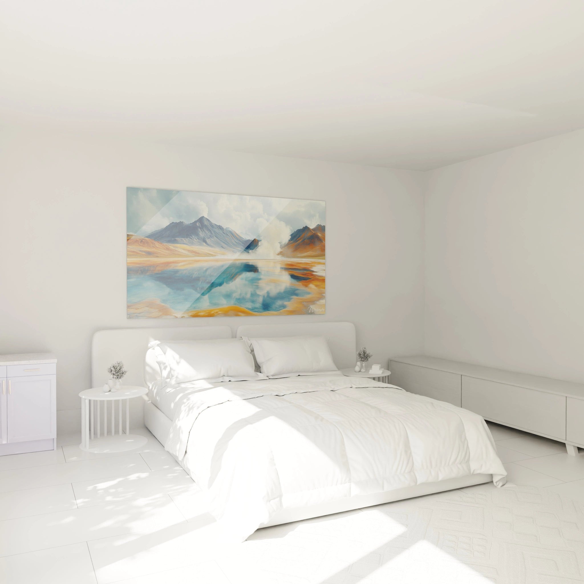 Un tableau montagne volcanique montrant un bassin d'eau turquoise entouré de collines orange et jaune, avec des vapeurs blanches s'élevant vers un ciel nuageux.