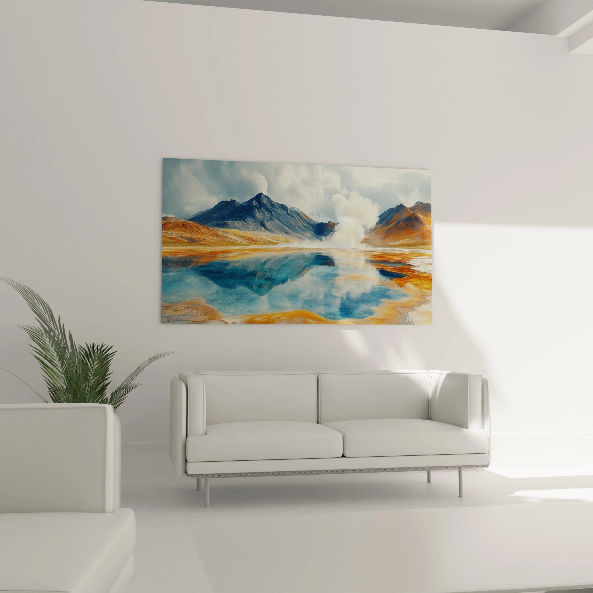 Un tableau montagne aux couleurs contrastées présentant des reliefs bleu-gris en arrière-plan, un lac miroir au centre et des dépôts minéraux orange vif au premier plan.