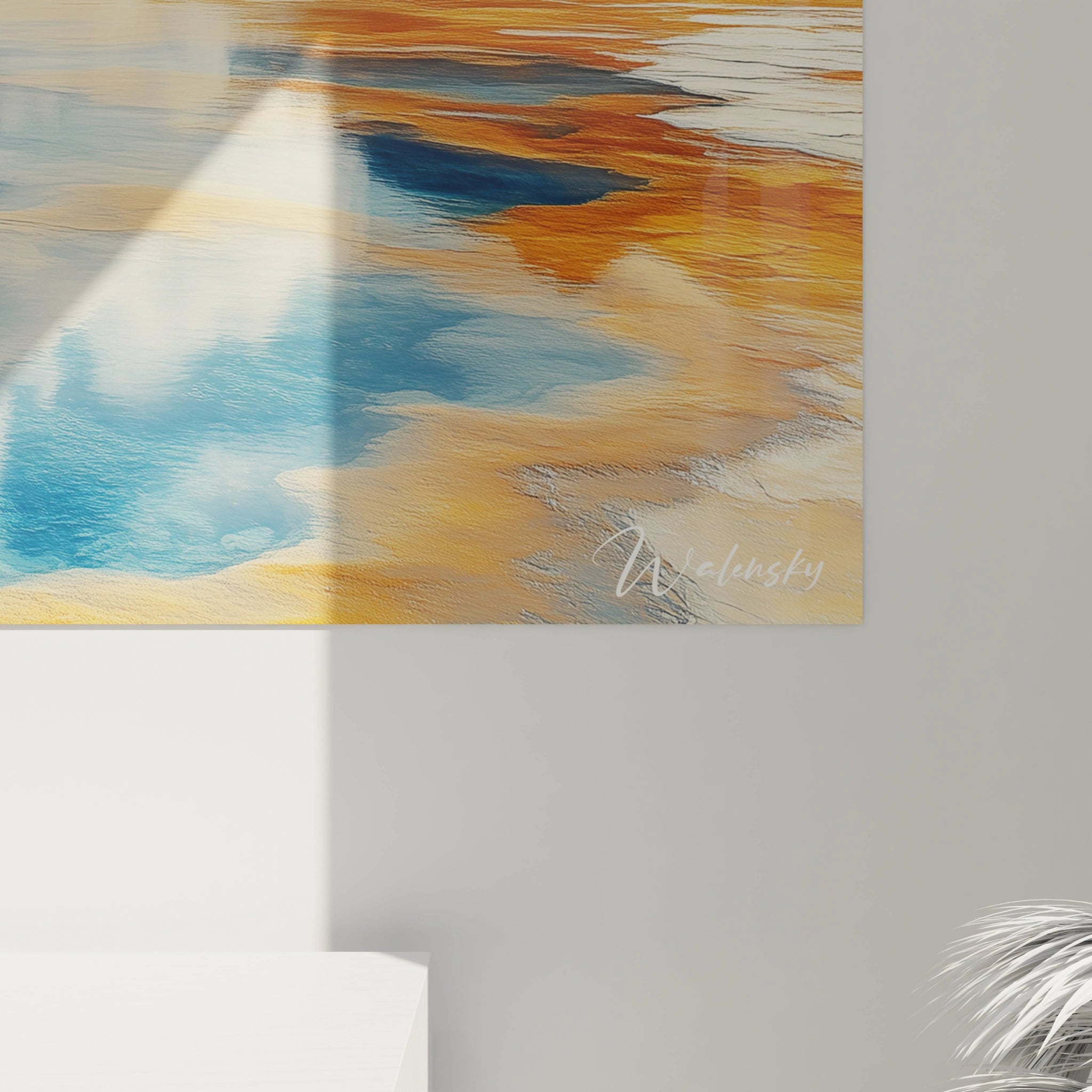 Un tableau montagne géothermale illustrant un paysage naturel avec des montagnes imposantes, un lac thermal réfléchissant et des formations rocheuses aux teintes chaudes orangées.