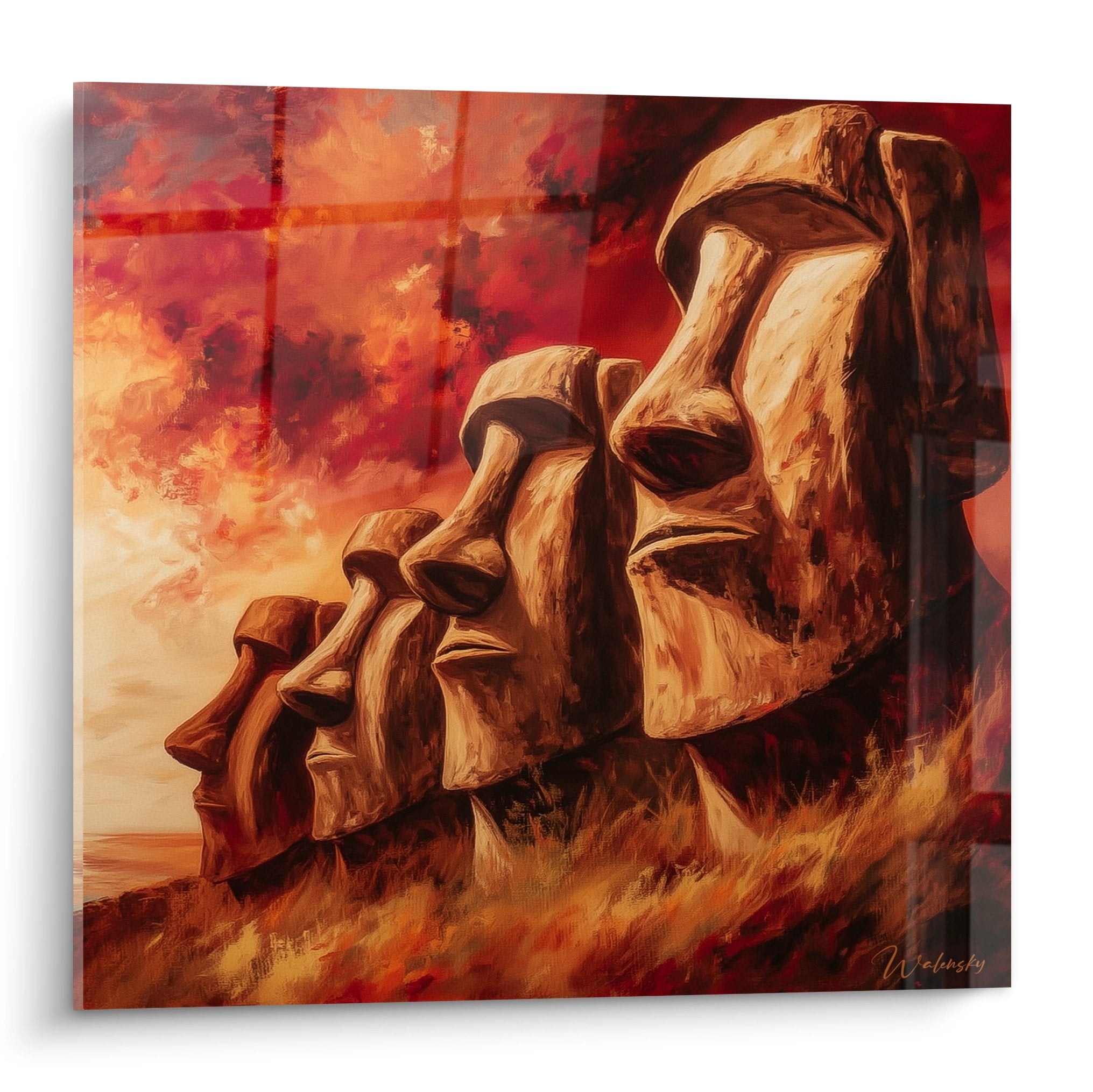 Tableau mural Moaï île de Pâques aux couleurs flamboyantes style art polynésien décoratif