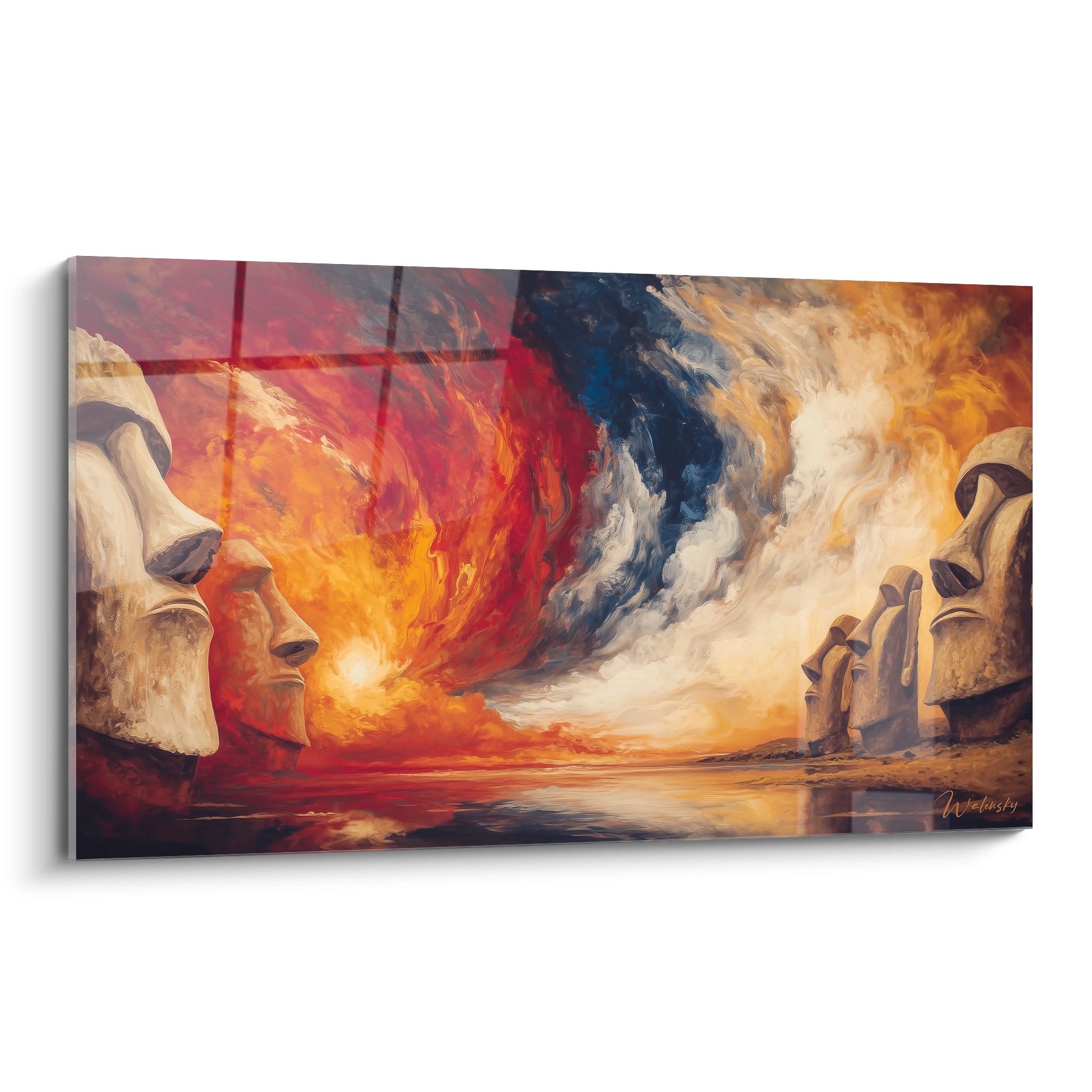 Tableau mural Moaï île de Pâques coucher de soleil flamboyant art polynésien décoratif
