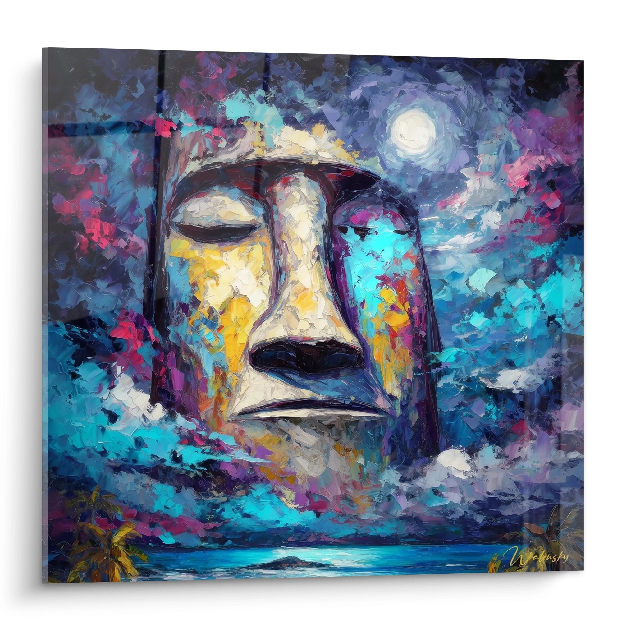 Tableau mural Moaï île de Pâques aux couleurs expressionnistes avec lune et océan Pacifique