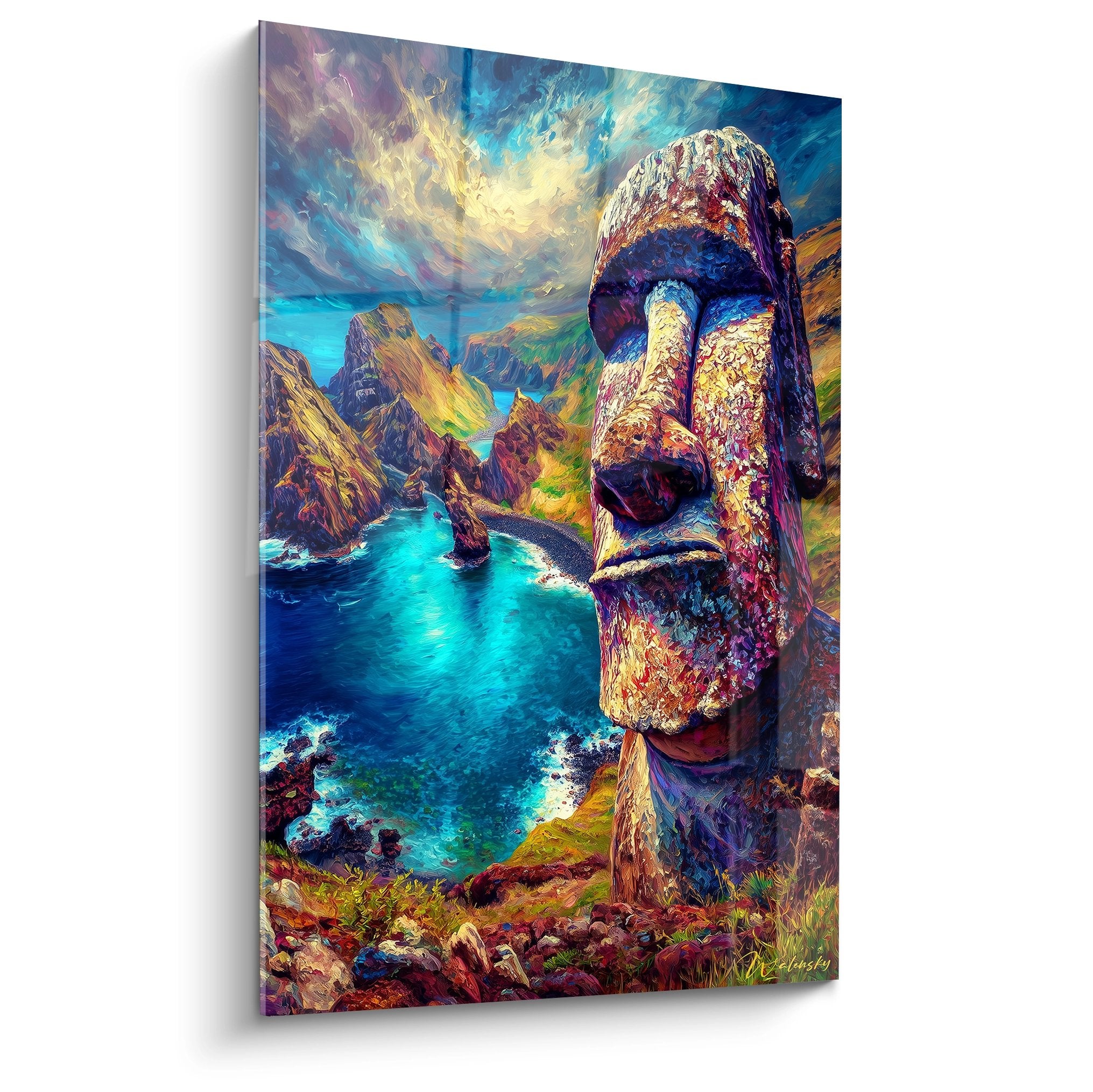 Tableau mural Moaï Île de Pâques aux couleurs vibrantes, statue mystique dominant l'océan Pacifique