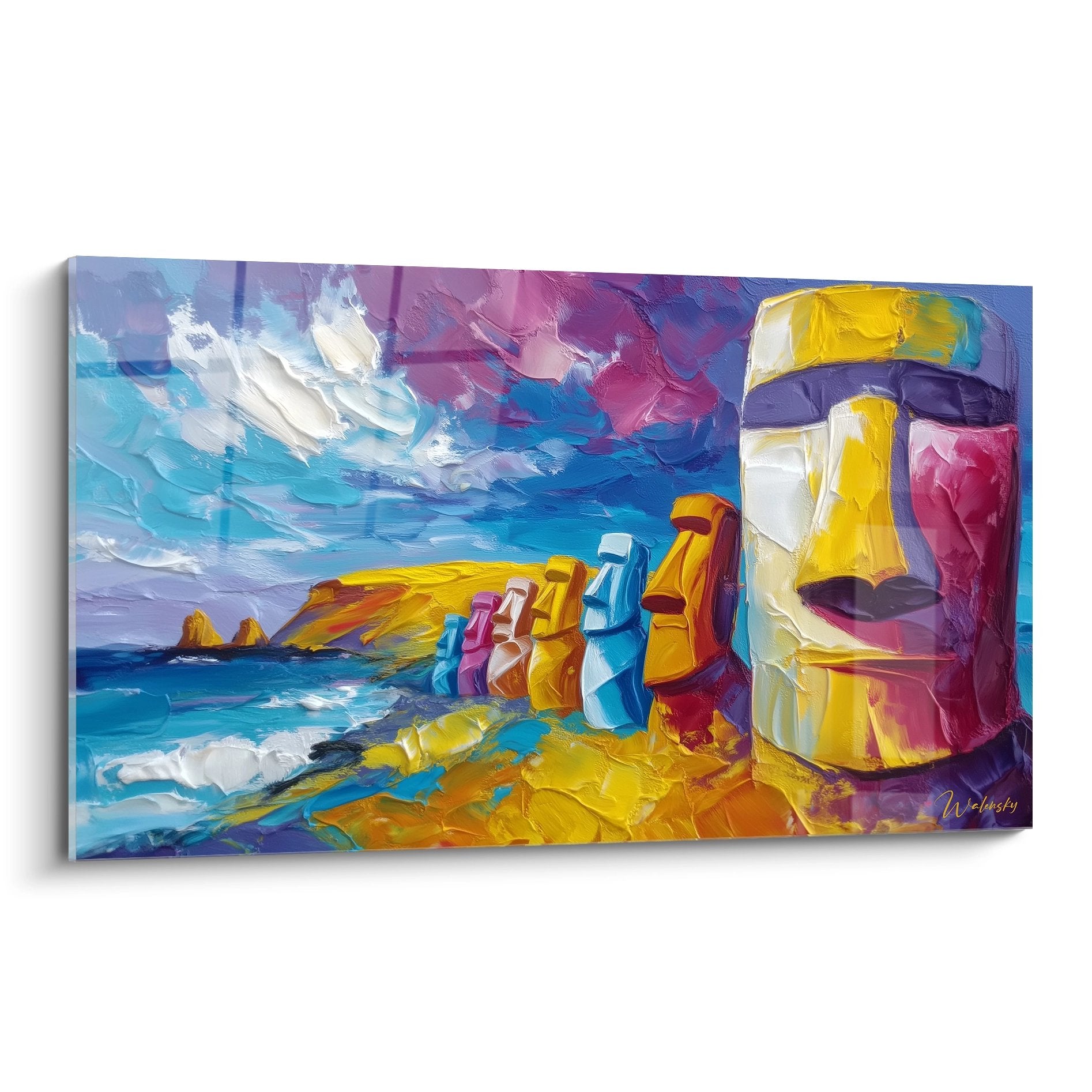 Tableau coloré statues Moai île de Pâques avec océan bleu et ciel violet rose style contemporain