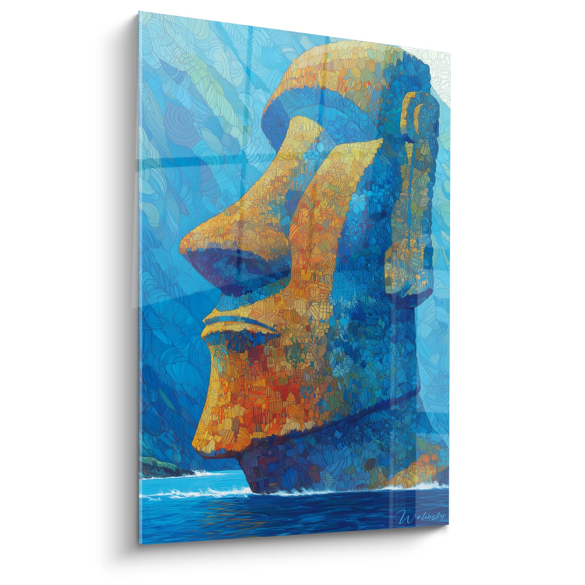 Tableau mural Moaï Île de Pâques couleurs dorées bleues art océanique polynésien décoration