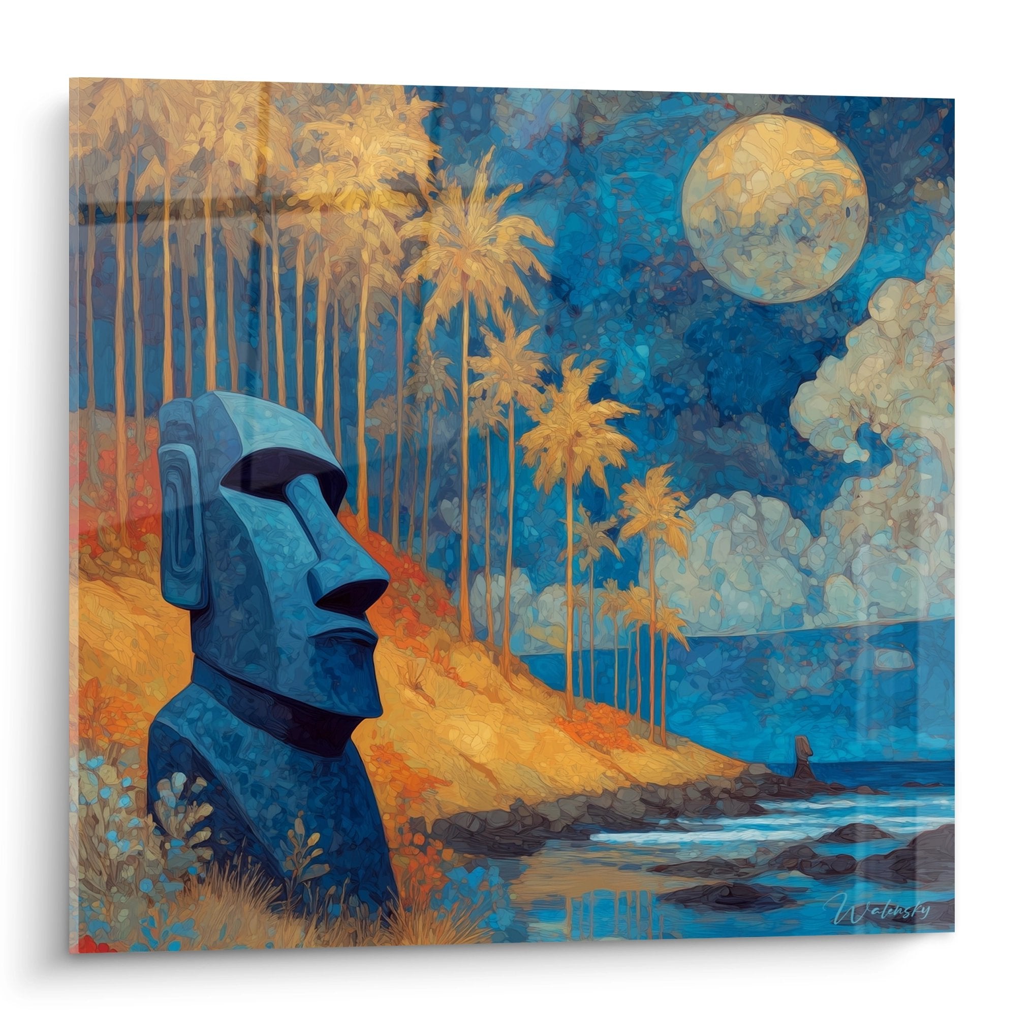 Tableau mural Moai île de Pâques avec palmiers tropicaux et lune dorée, art insulaire Pacifique bleu et or