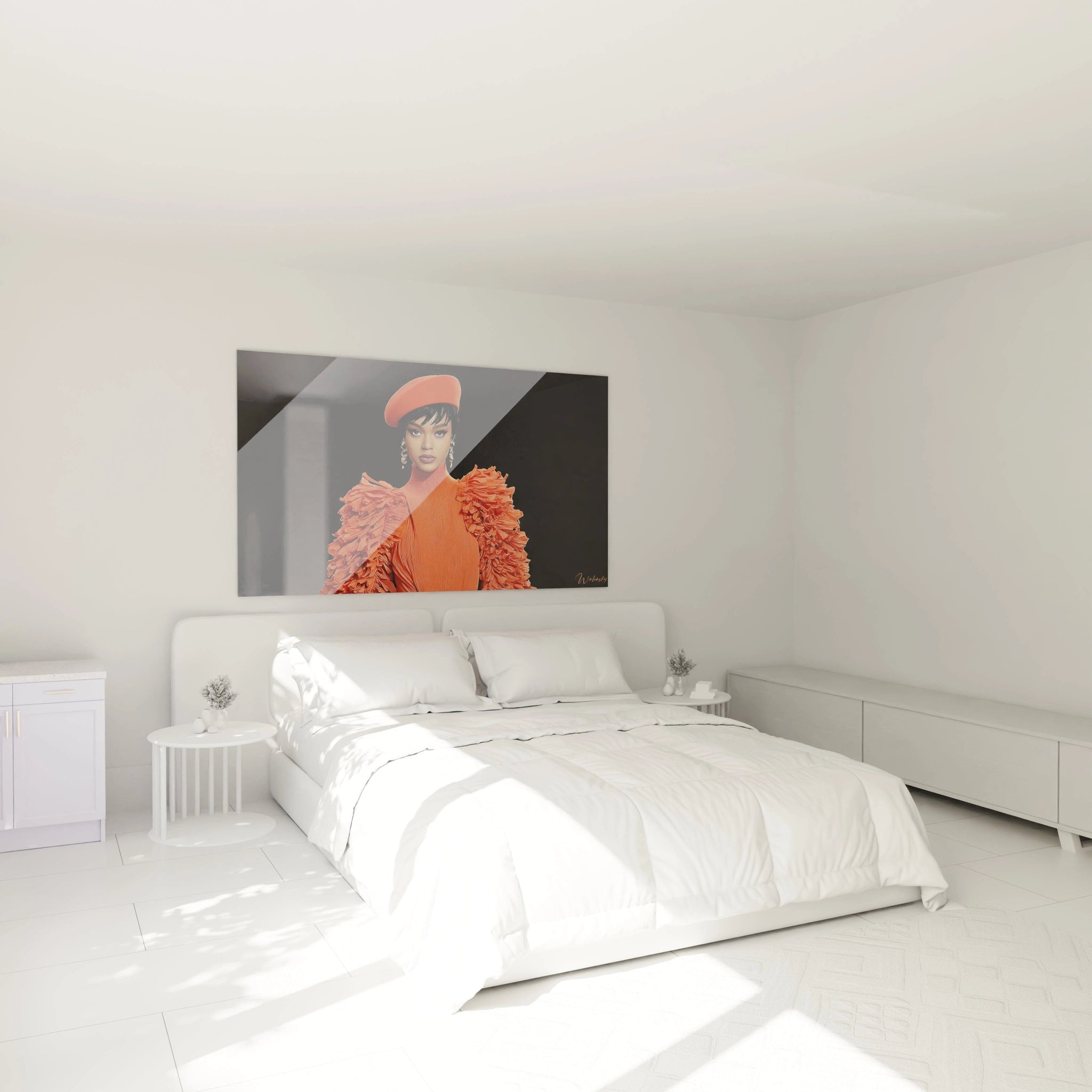 Tableau mode africaine Walensky avec une femme en robe orange dans une chambre moderne et lumineuse