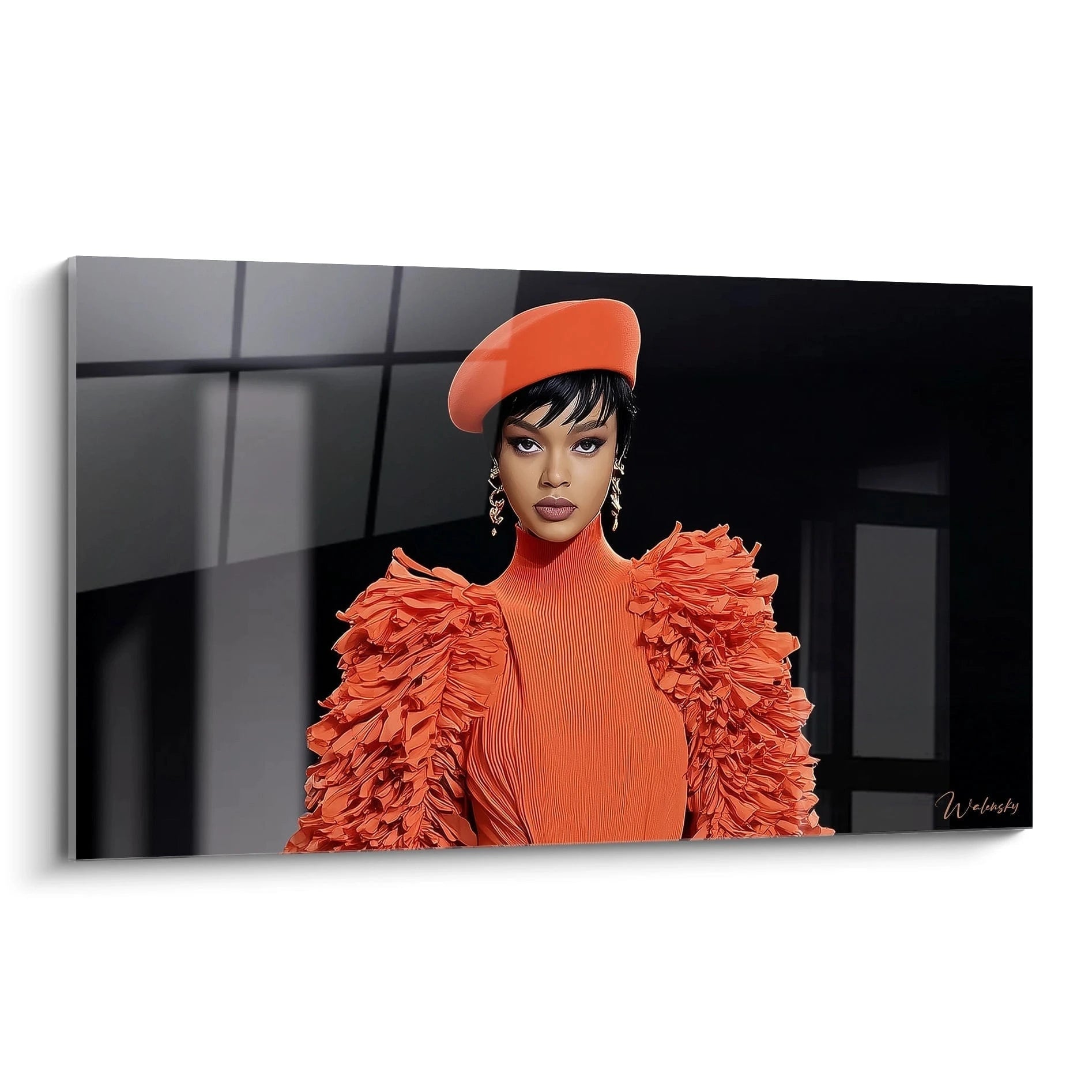 Tableau mode africaine de Walensky représentant une femme en robe orange avec des détails volants