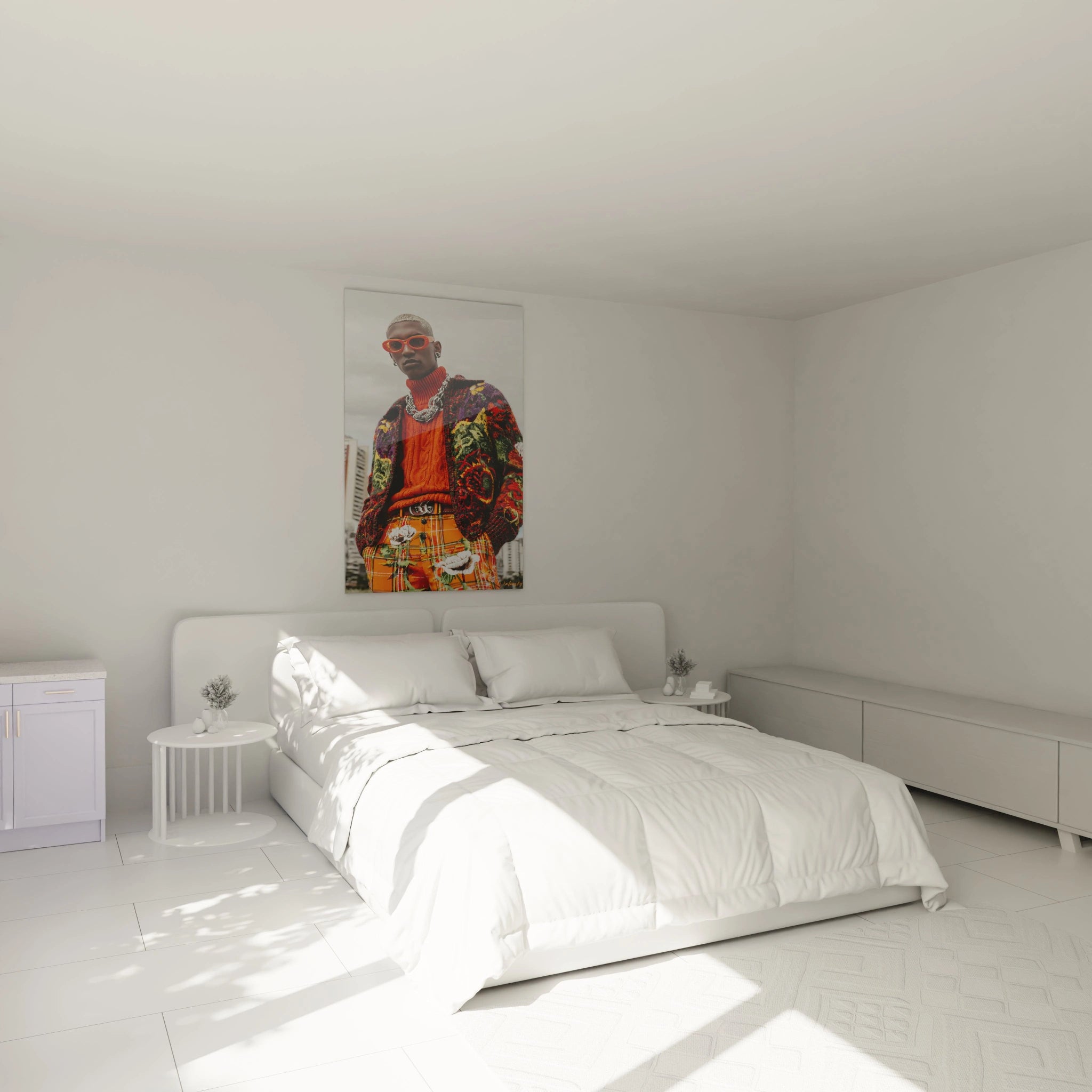 Tableau mural streetwear design de Walensky avec un modèle en style urbain dans une chambre moderne