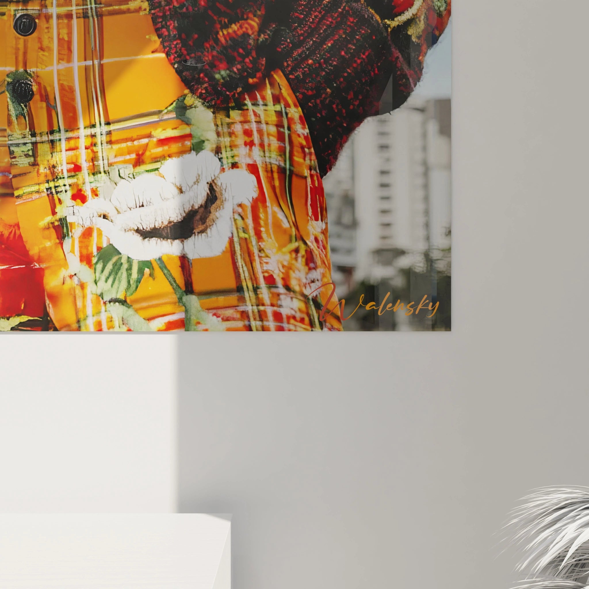 Tableau mural design streetwear de Walensky avec motifs colorés sur fond urbain