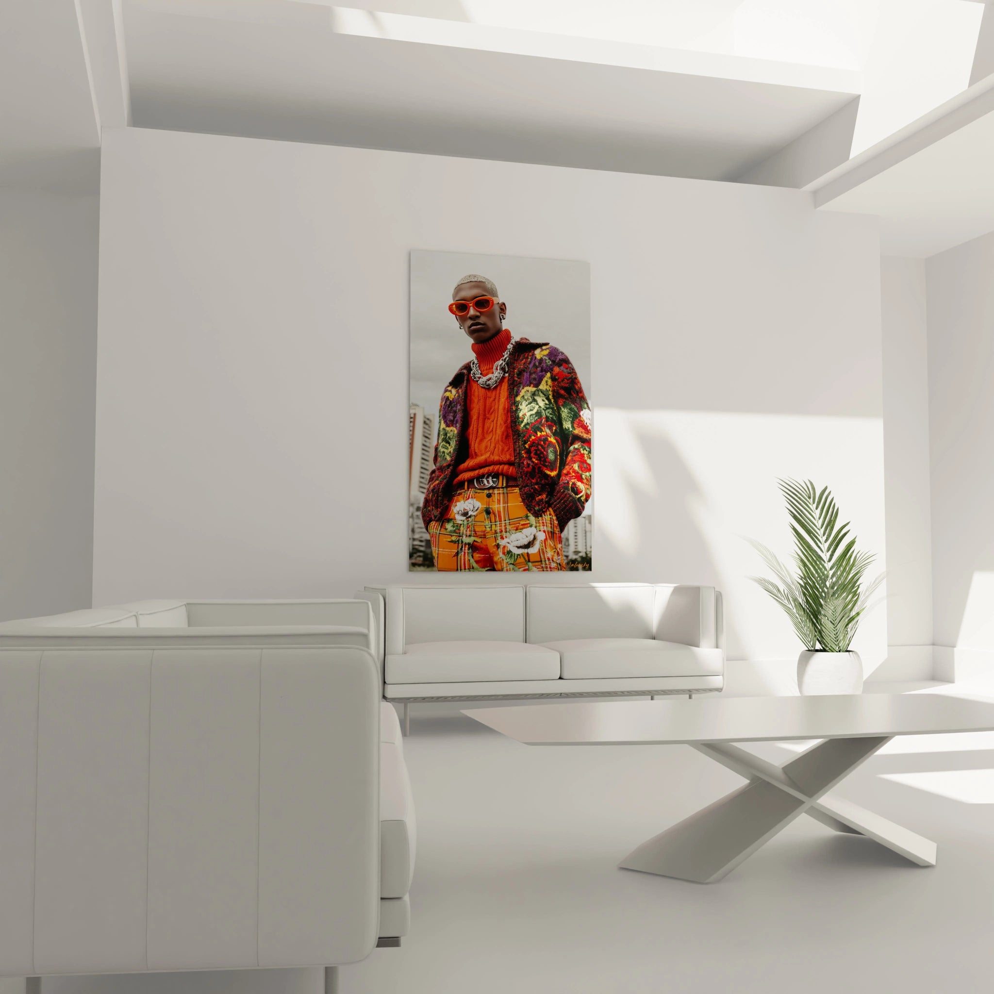 Tableau mural streetwear design de Walensky représentant un homme dans une tenue colorée et stylée