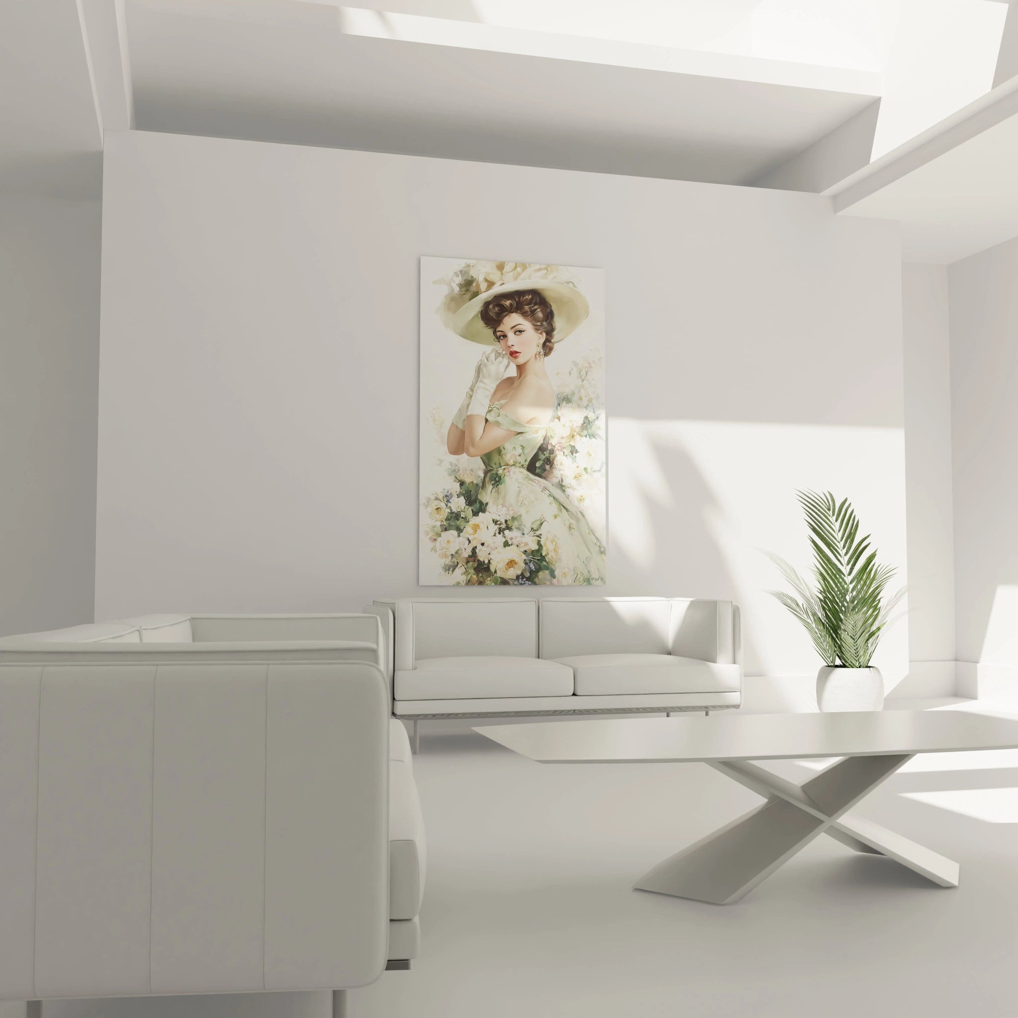 Tableau mural mode vintage femme avec une femme élégante portant un chapeau et entourée de fleurs