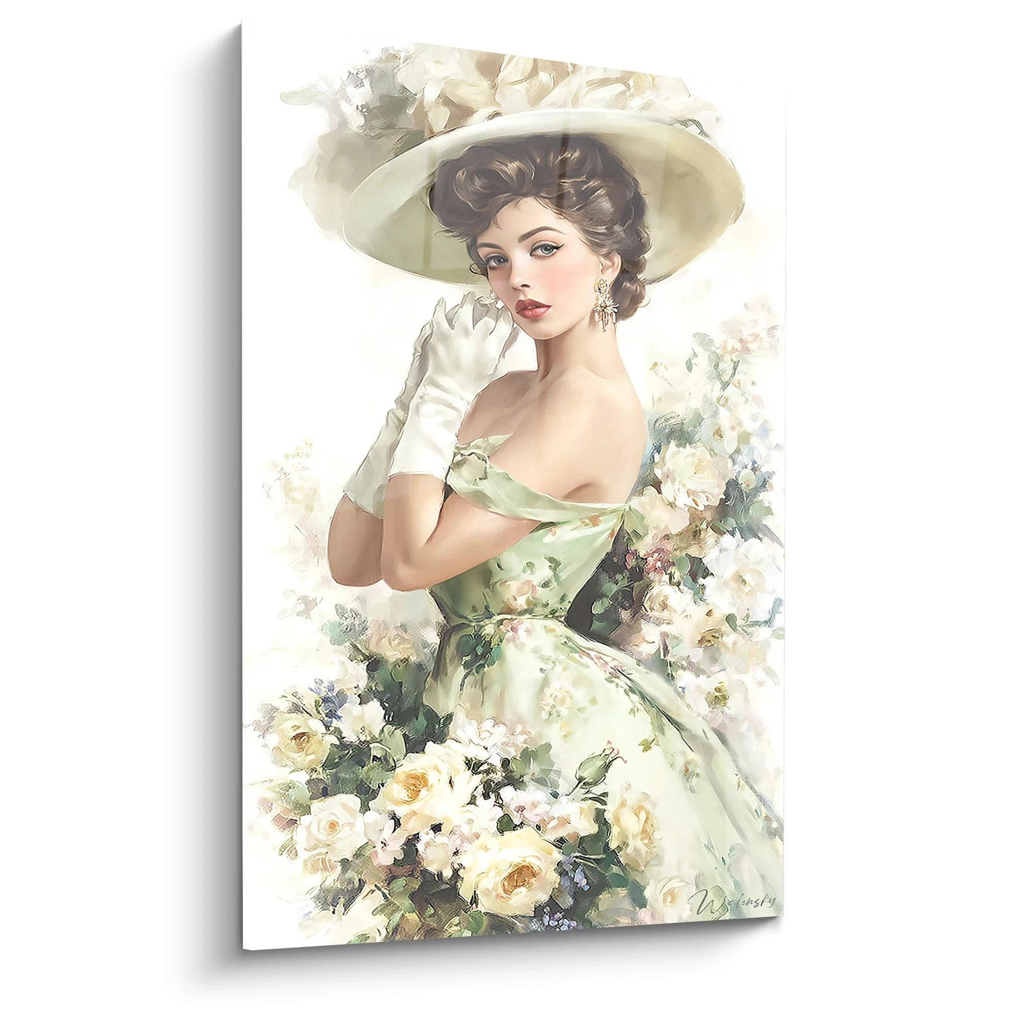 Tableau mural mode vintage femme avec une femme élégante en robe florale et chapeau au milieu de roses