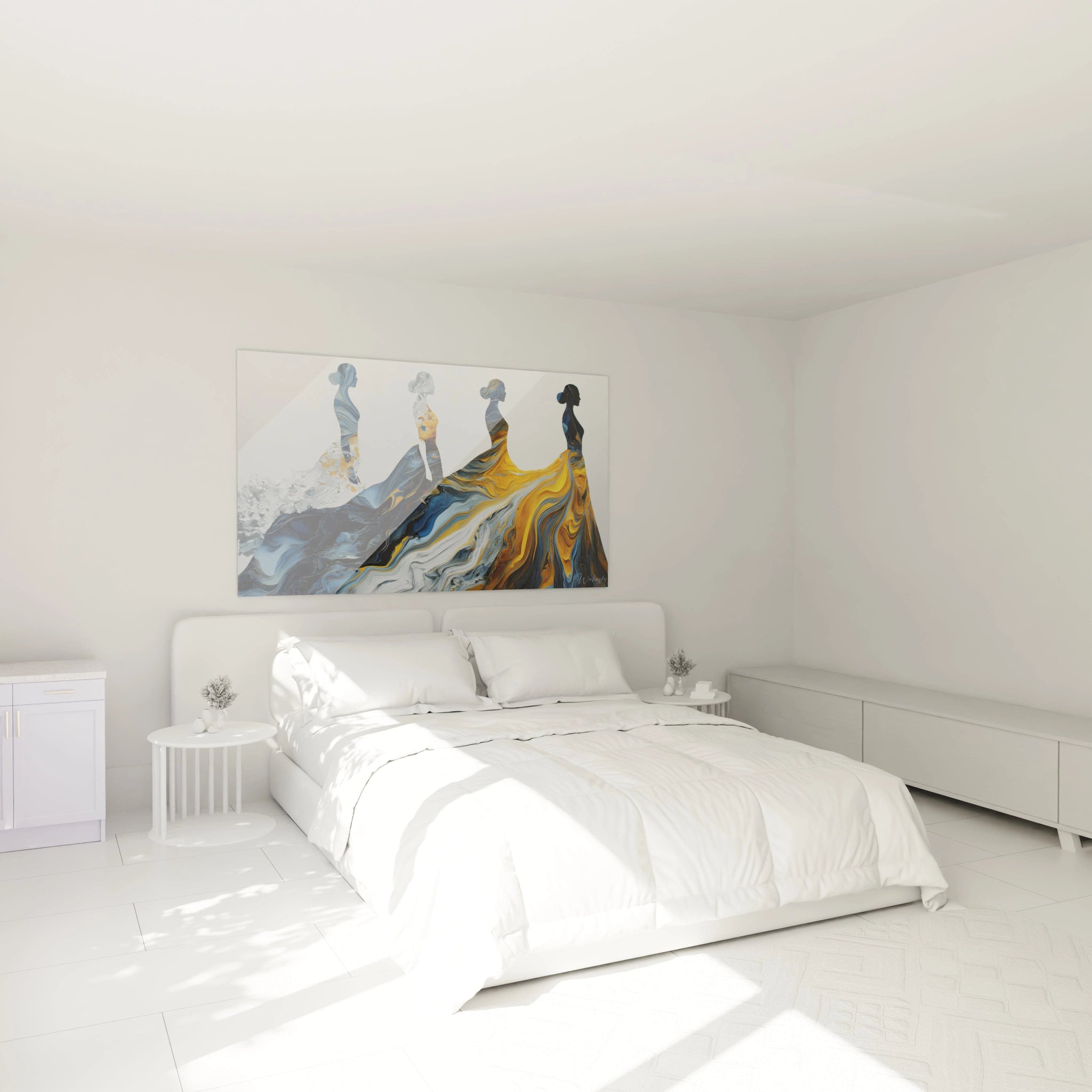 Tableau artistique haute couture de Walensky sur mur d'une chambre moderne avec lit blanc