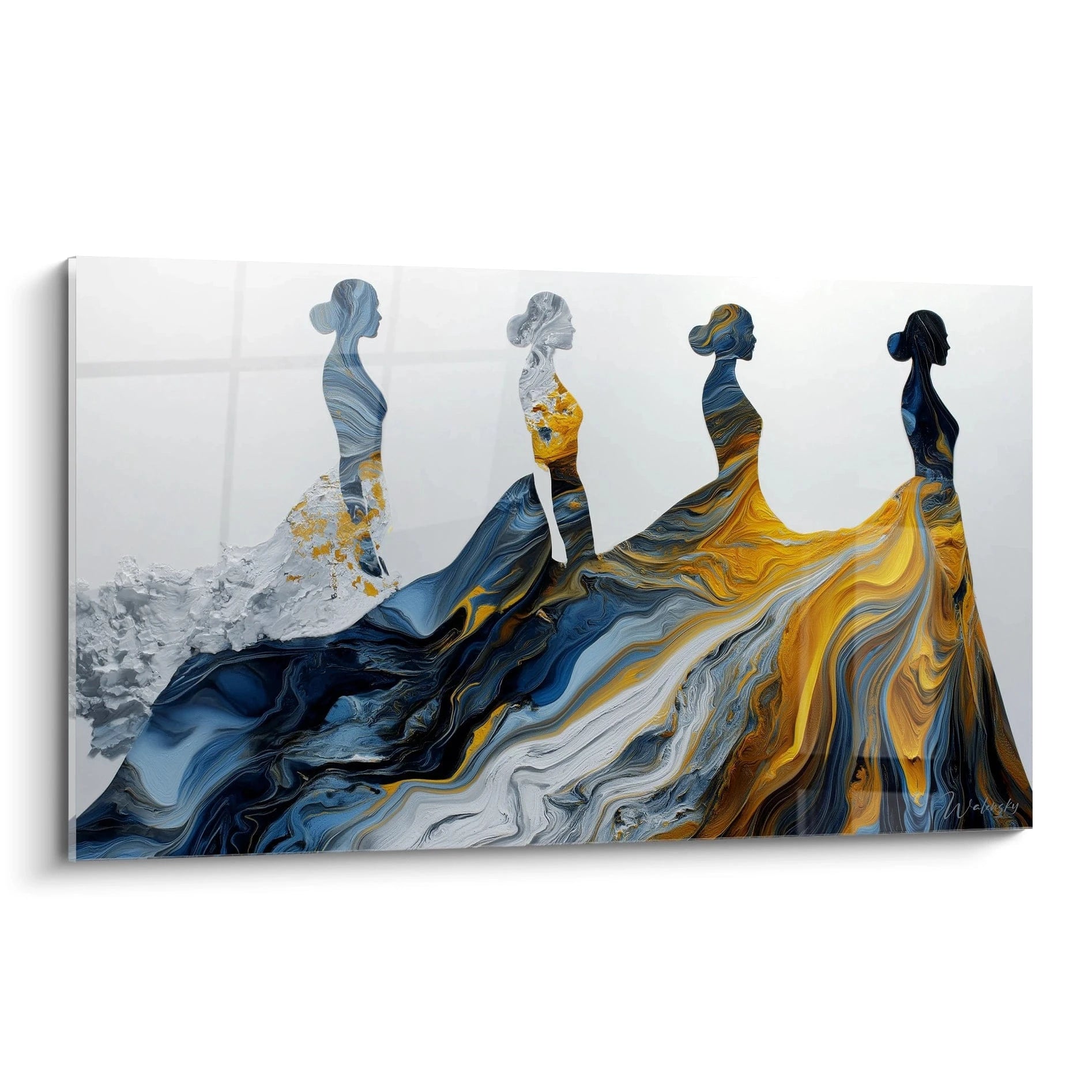 Tableau mural artistique haute couture avec des silhouettes de robes fluides en bleu et or
