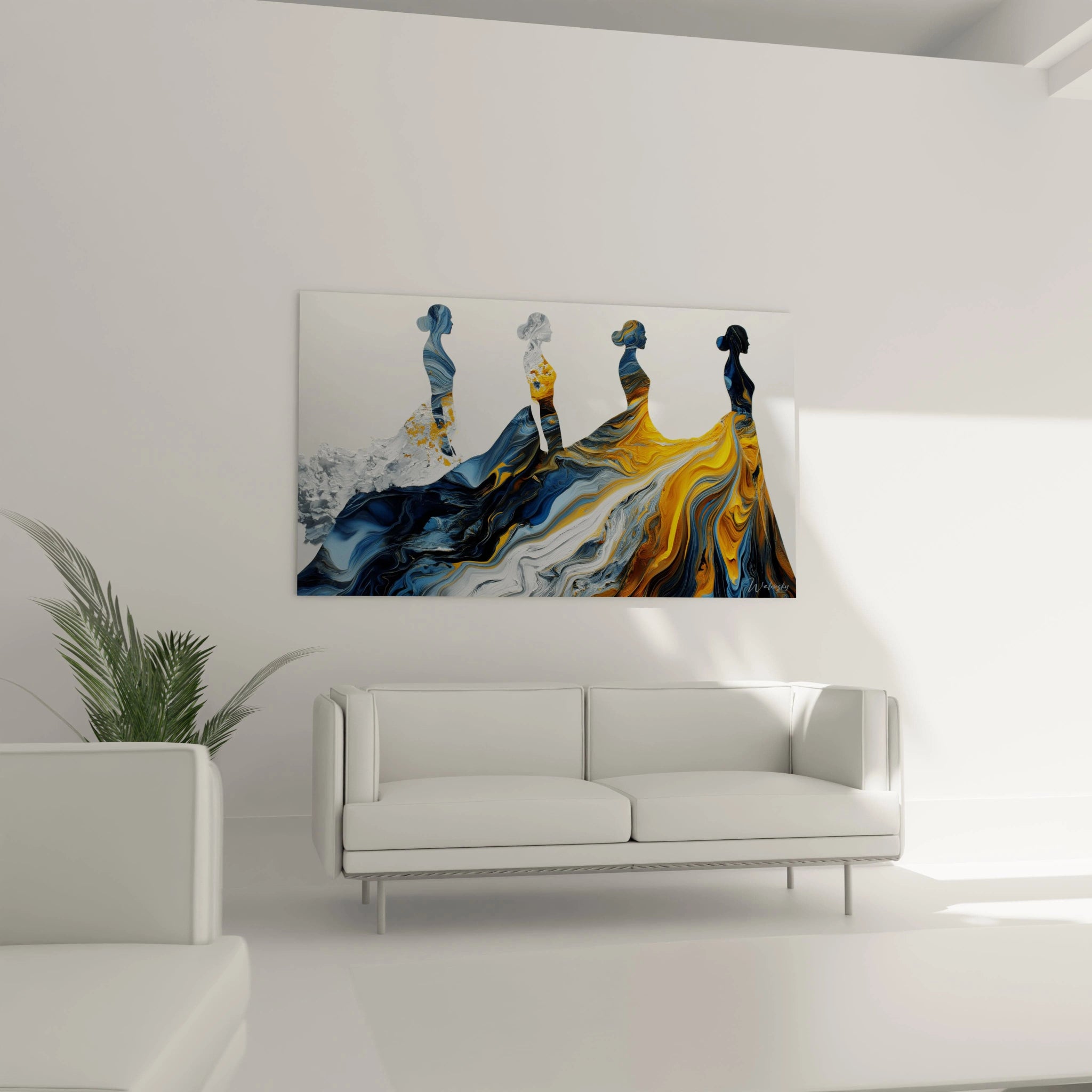 Tableau artistique haute couture représentant des silhouettes de mode en couleurs vibrantes sur un mur moderne