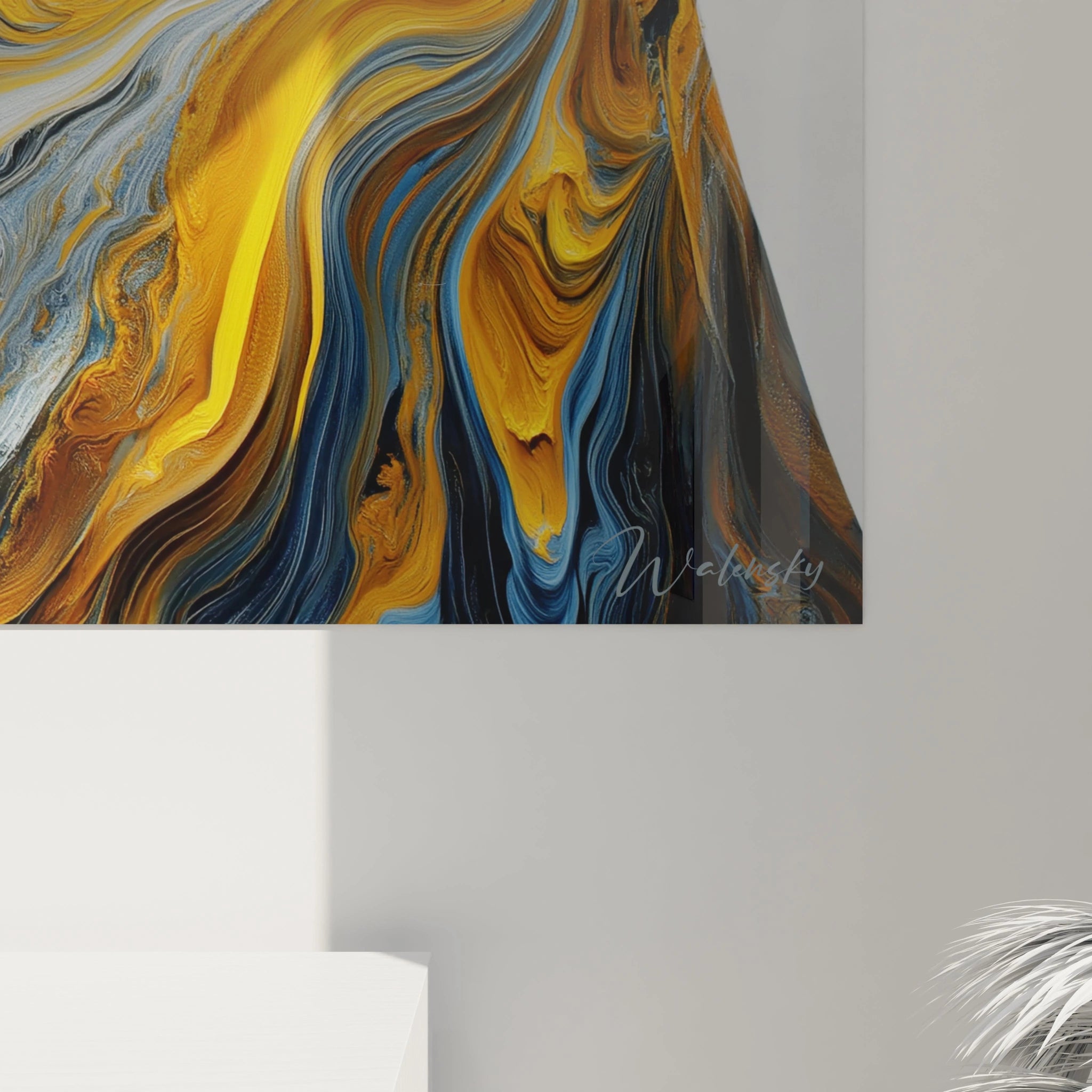 Tableau artistique haute couture de Walensky avec des motifs abstraits en bleu et orange