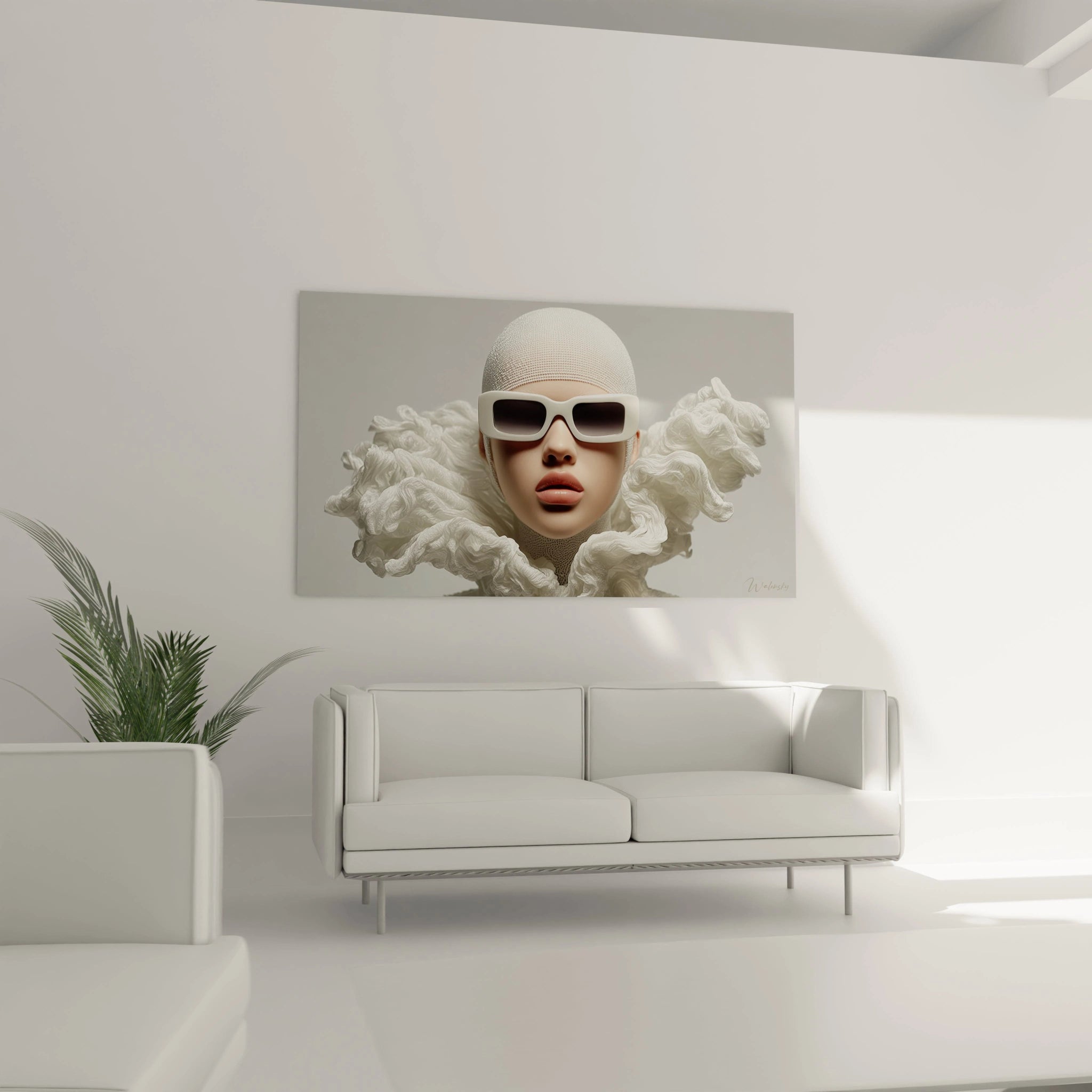 Tableau mural mode avant-garde avec un mannequin aux lunettes blanches sur un fond neutre