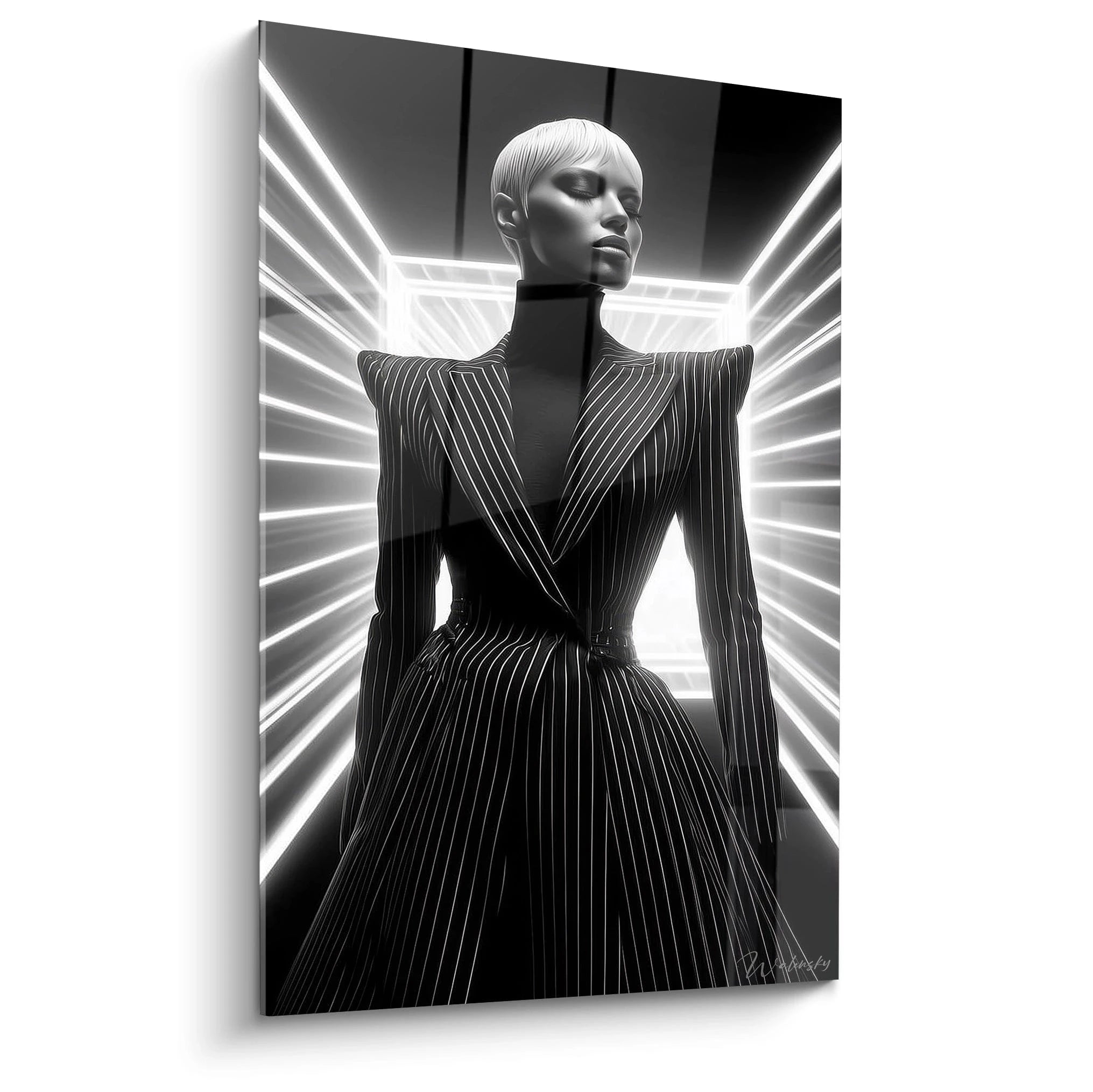 Tableau mural mode avant-garde noir et blanc présentant un mannequin en tenue élégante avec des lignes modernes
