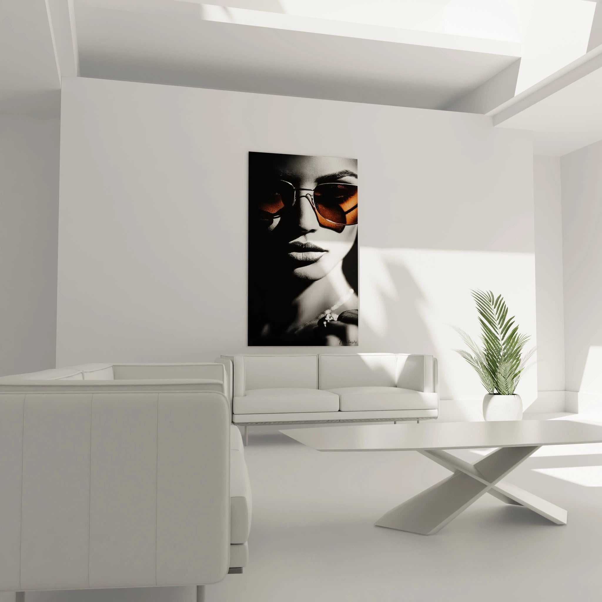 Tableau mode chic de Walensky avec une femme portant des lunettes de soleil, décor moderne et élégant