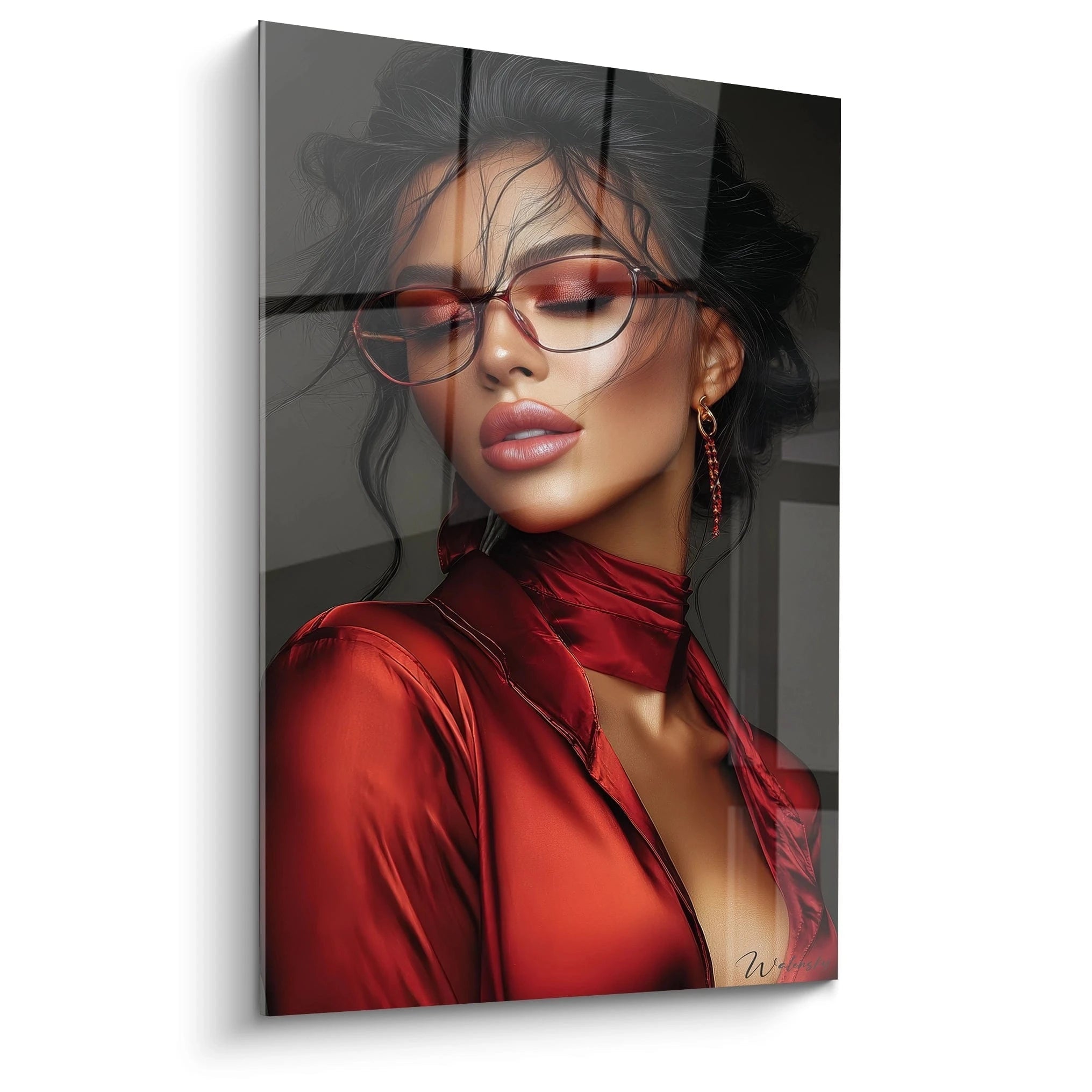 Tableau mural mode contemporaine avec un portrait de femme en chemisier rouge et lunettes stylées