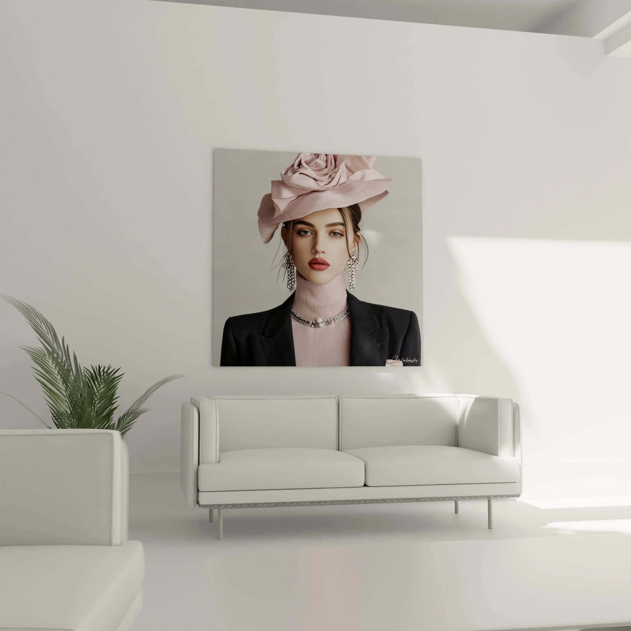 Tableau mode couture de Walensky représentant une mannequin avec un chapeau rose dans un salon moderne