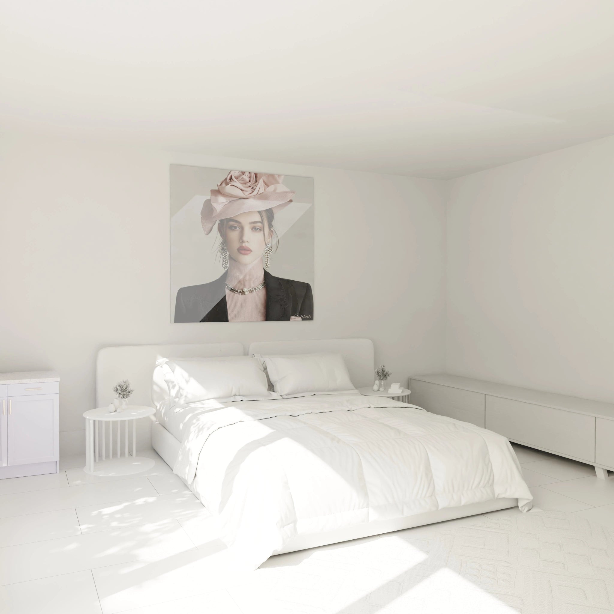 Tableau mode couture de Walensky représentant une femme en chapeau dans une chambre moderne