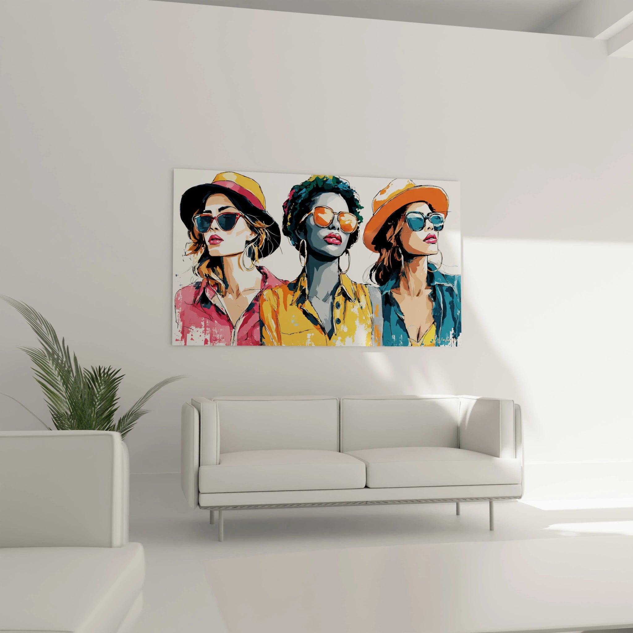 Tableau décoration murale mode avec trois femmes en lunettes de soleil et chapeaux colorés pour un style moderne