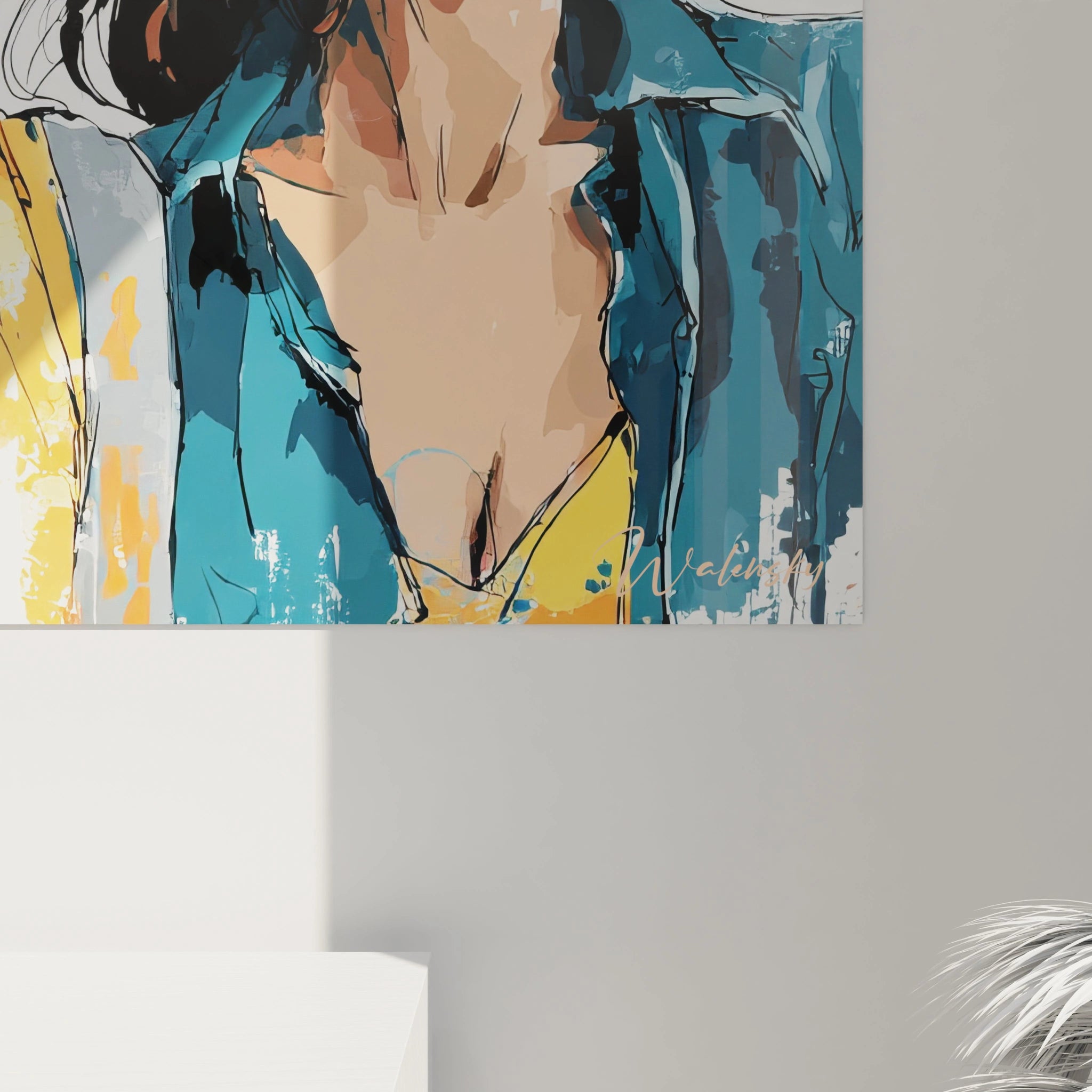 Tableau décoration murale mode avec une illustration artistique d'une femme en vêtements colorés