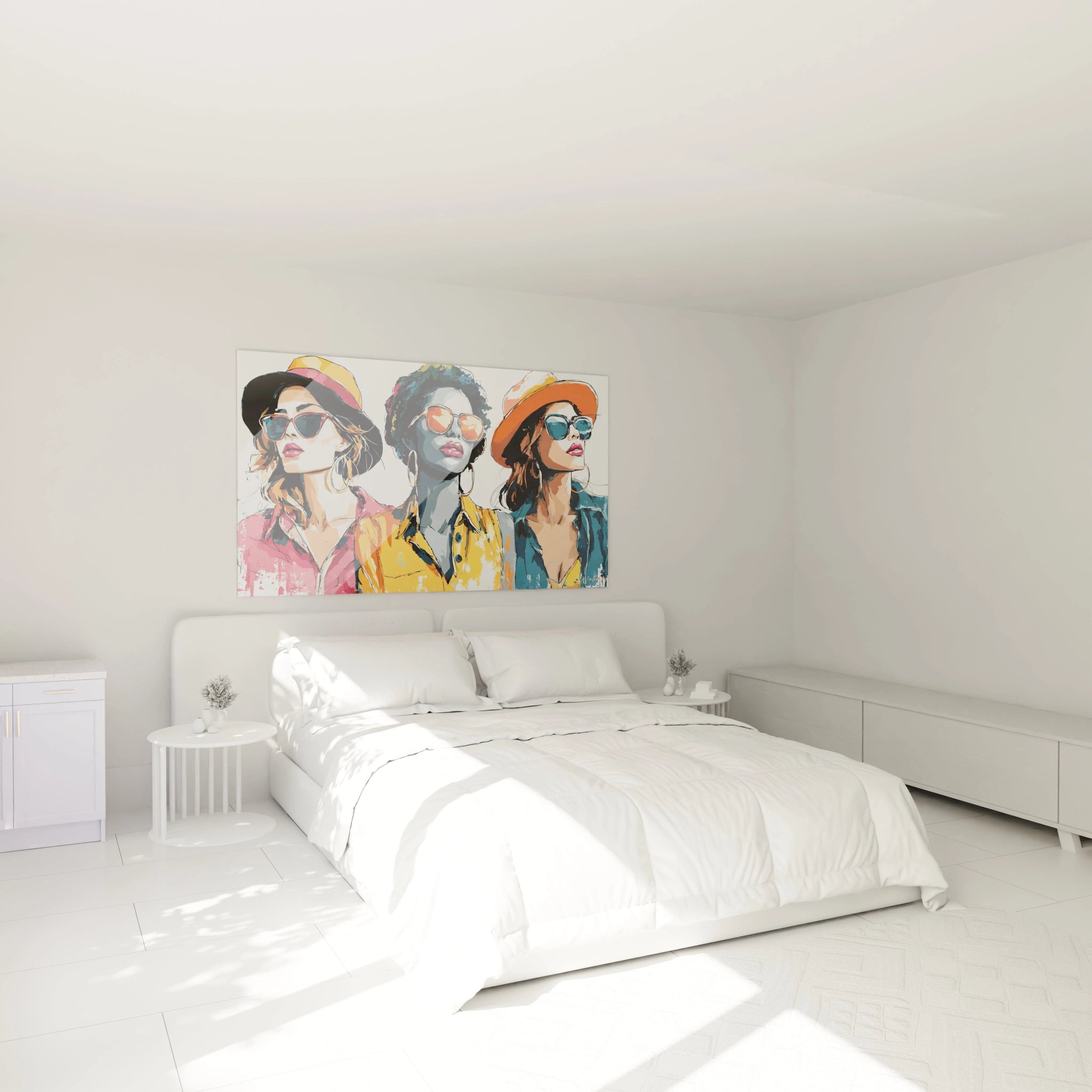 Tableau décoration murale mode représentant trois femmes élégantes en lunettes de soleil dans une chambre moderne