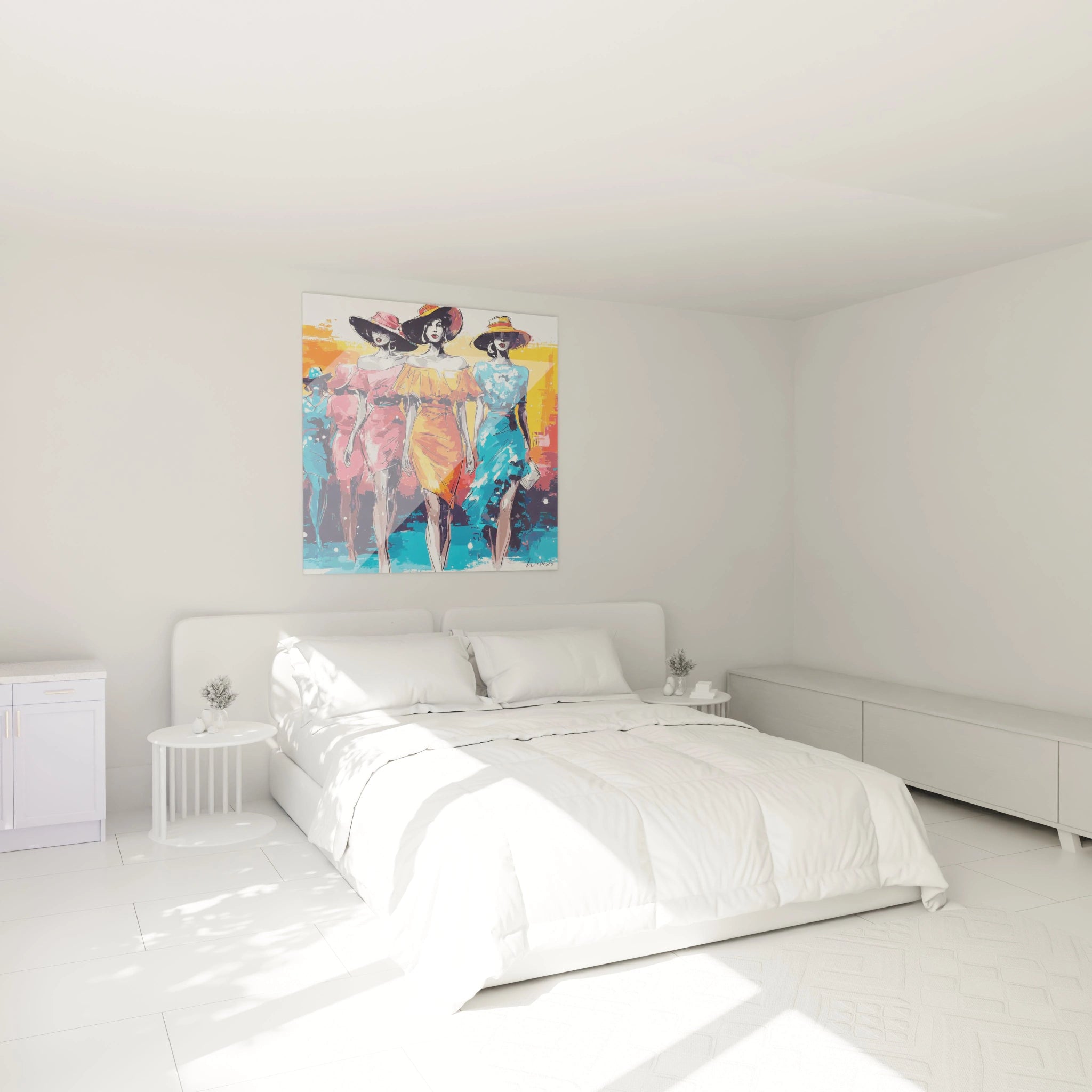 Tableau mode féminine de Walensky accroché au mur dans une chambre minimaliste et lumineuse