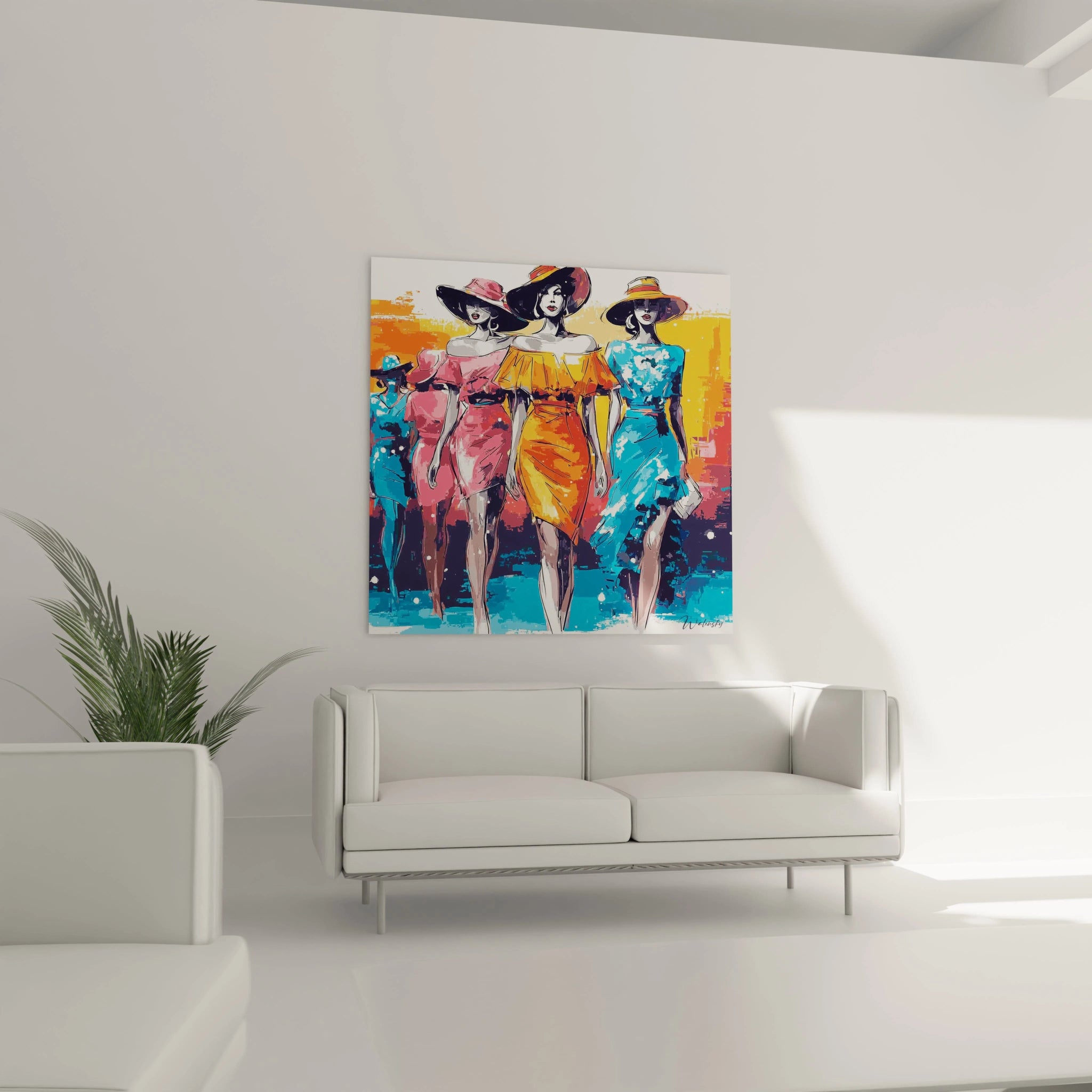 Tableau mode féminine représentant des femmes élégantes en robes colorées dans un décor moderne