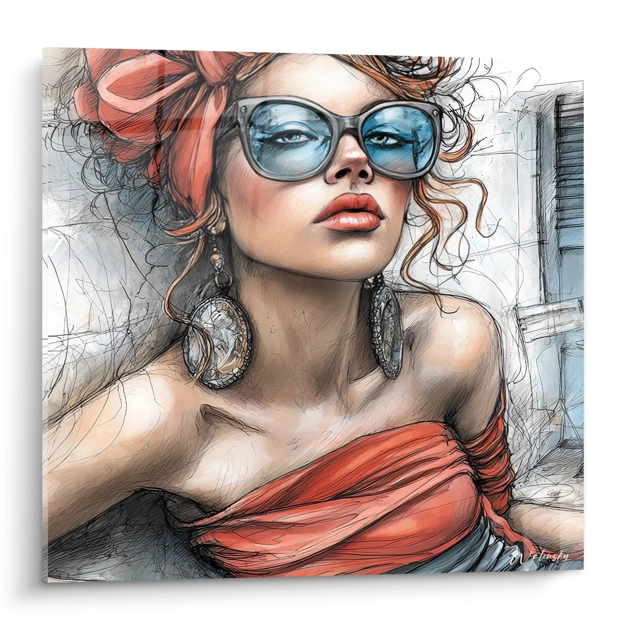 Tableau mural mode féminine représentant une belle femme avec des lunettes de soleil et un chapeau coloré