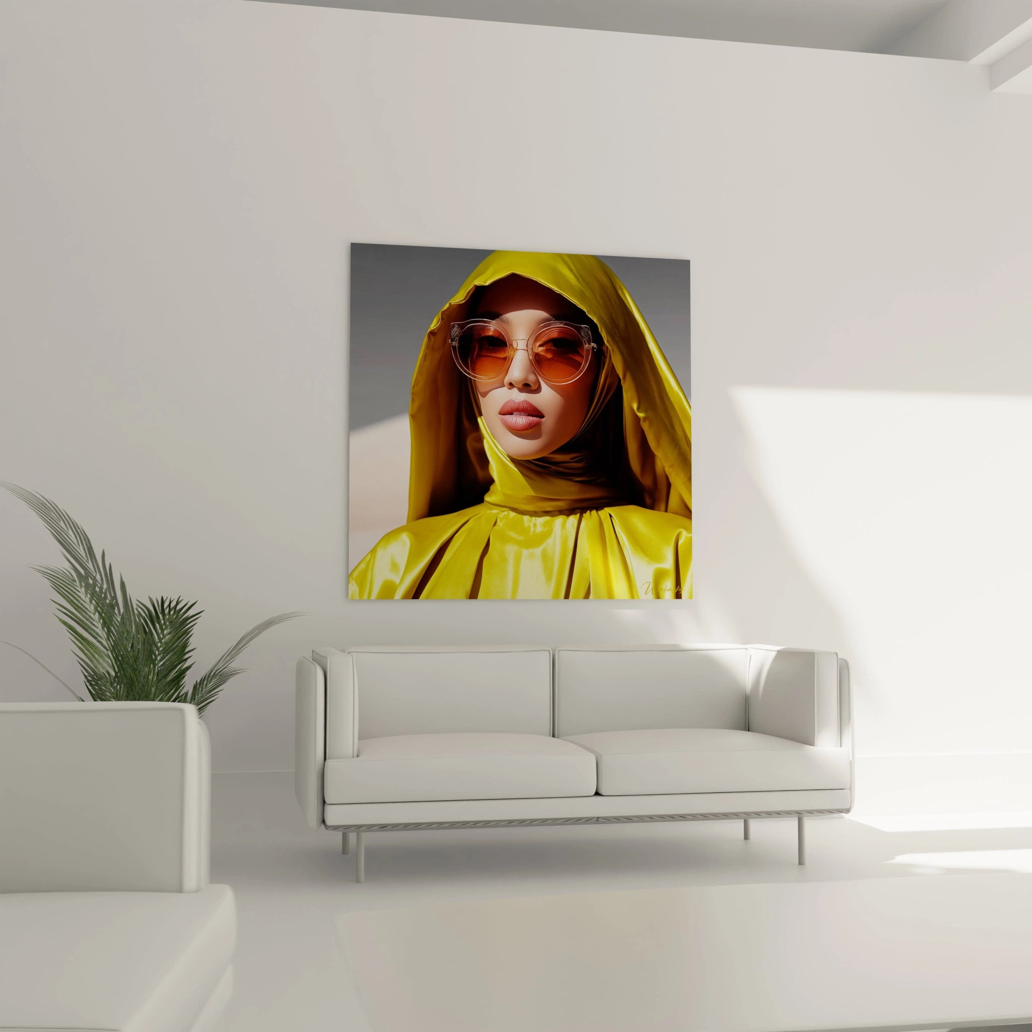 Tableau mode haute couture représentant une femme en manteau jaune avec des lunettes de soleil devant un mur blanc