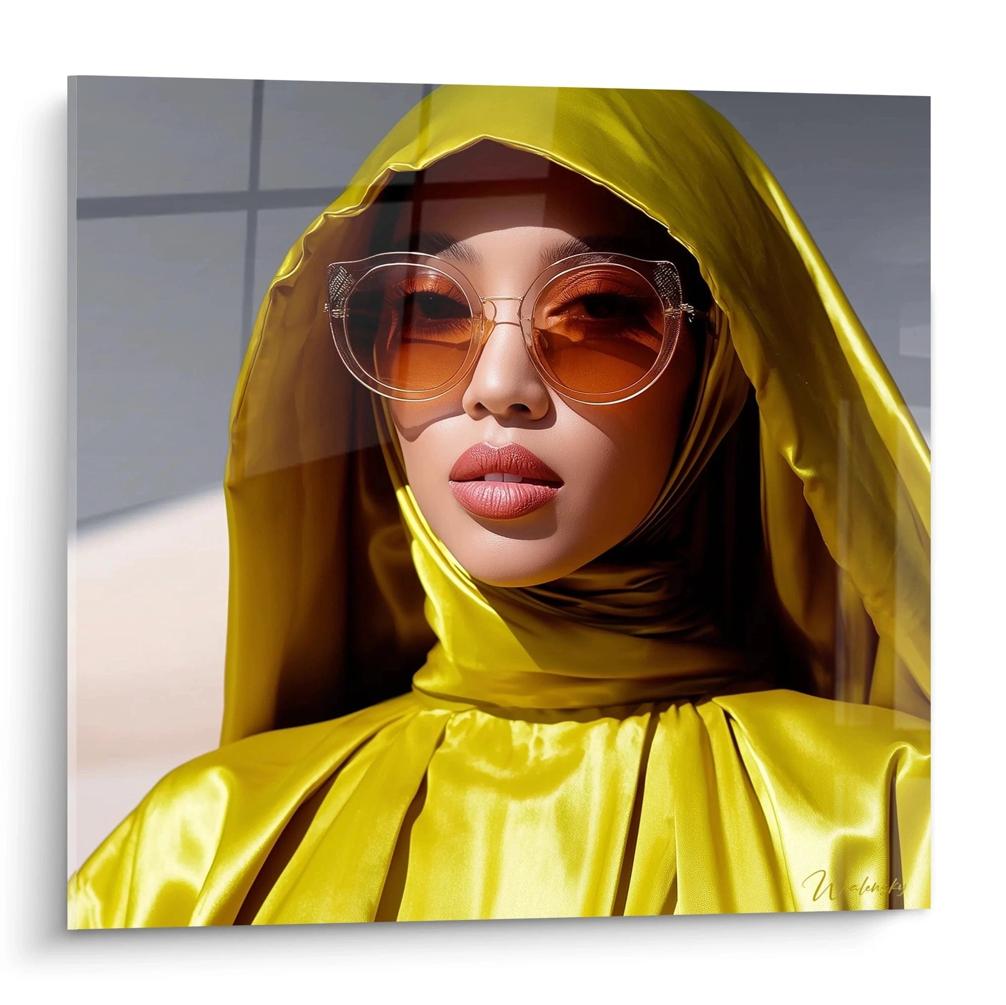 Tableau mural mode haute couture avec un modèle portant une cape jaune et des lunettes de soleil élégantes