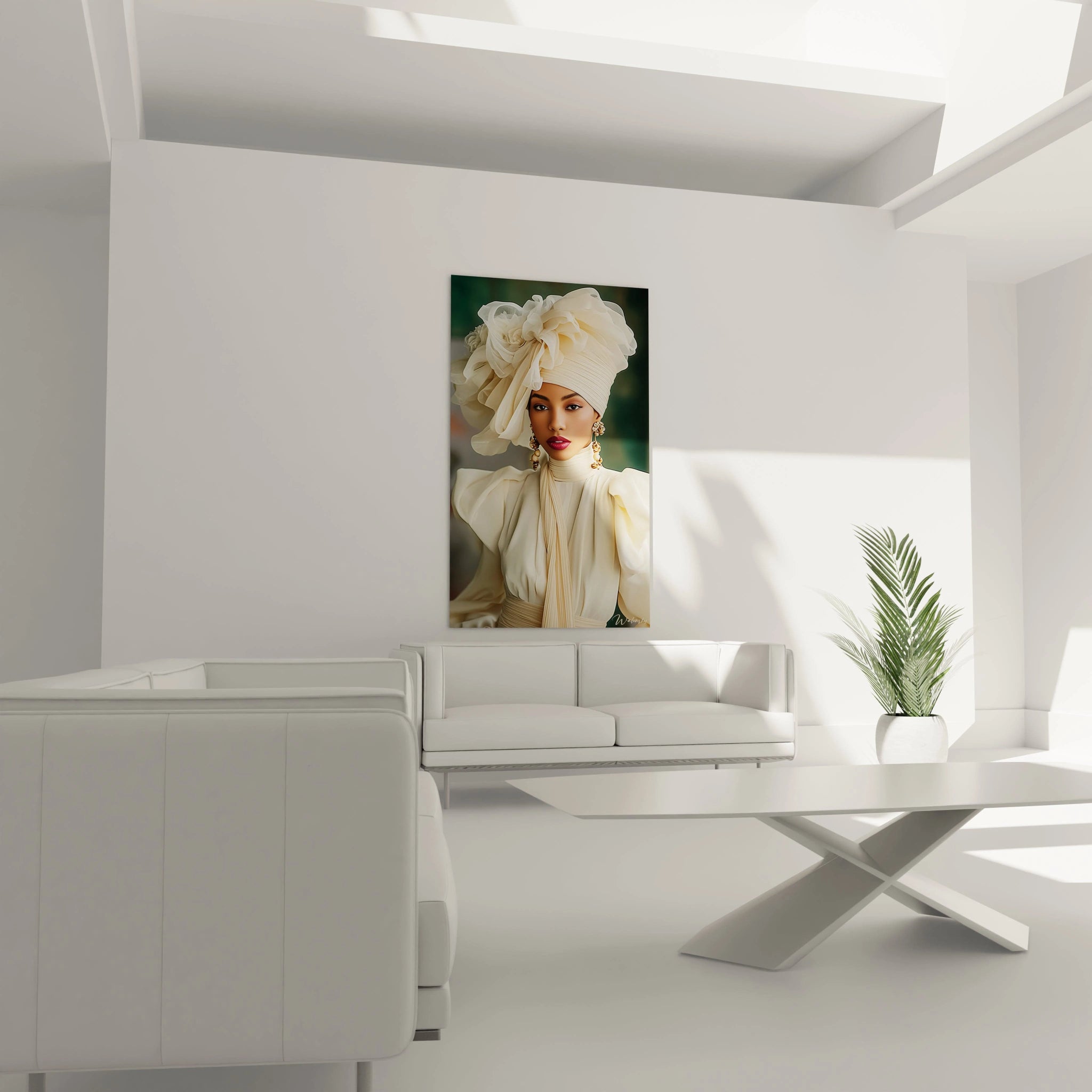 Tableau mode glamour de Walensky affiché dans un intérieur moderne et épuré avec un canapé blanc
