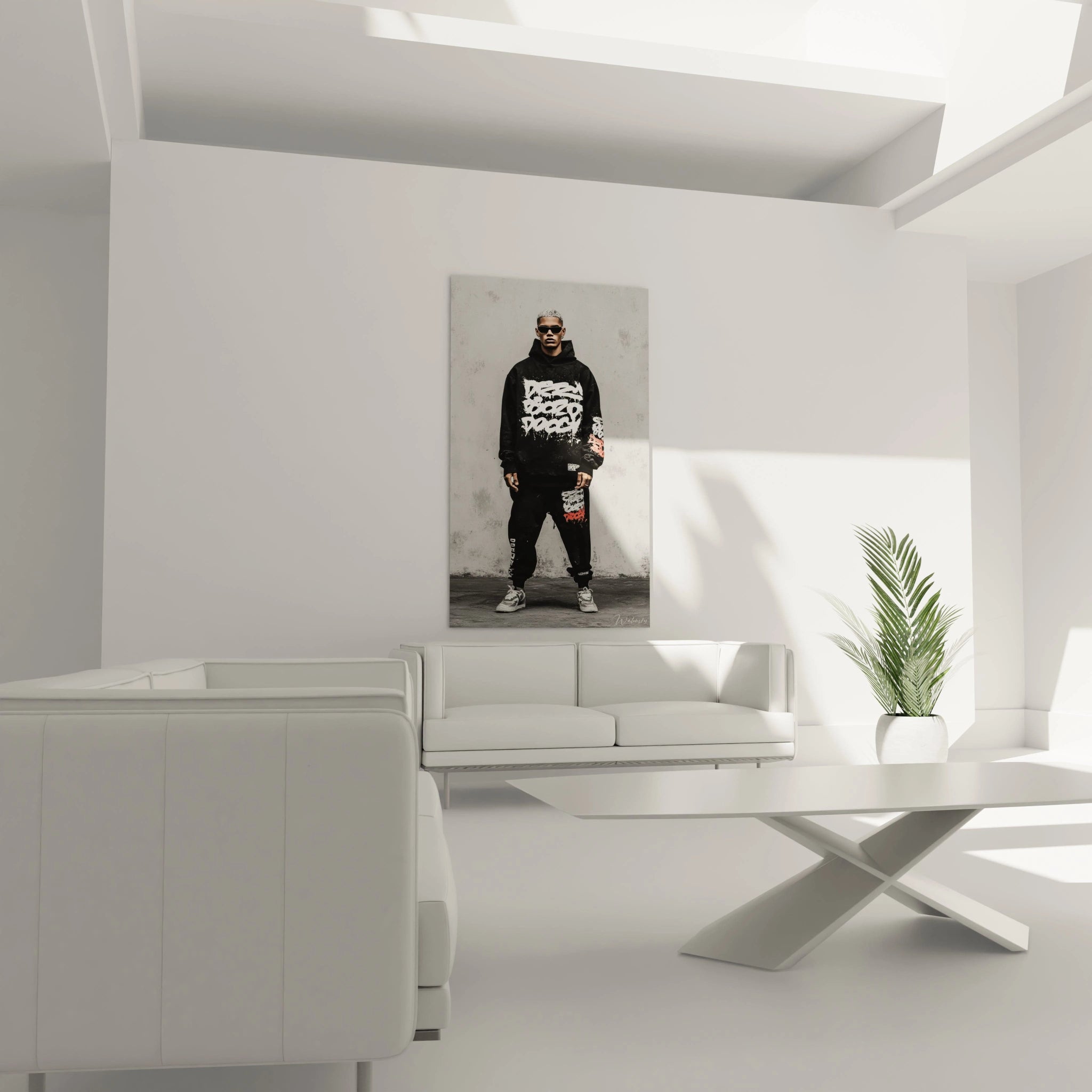 Tableau streetwear noir et blanc de Walensky représentant un homme en tenue urbaine dans un intérieur moderne