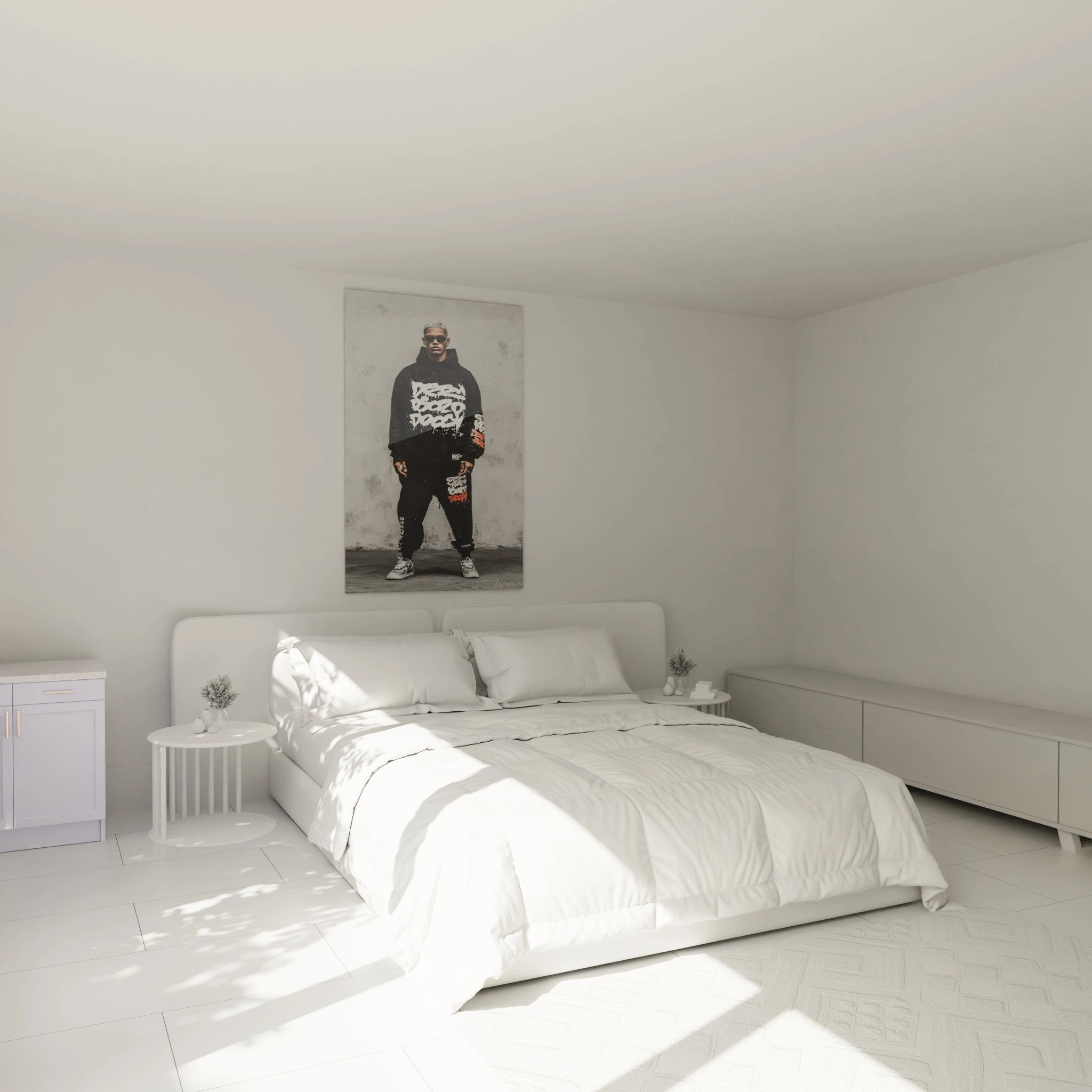 Tableau streetwear noir et blanc de Walensky affiché dans une chambre moderne minimaliste