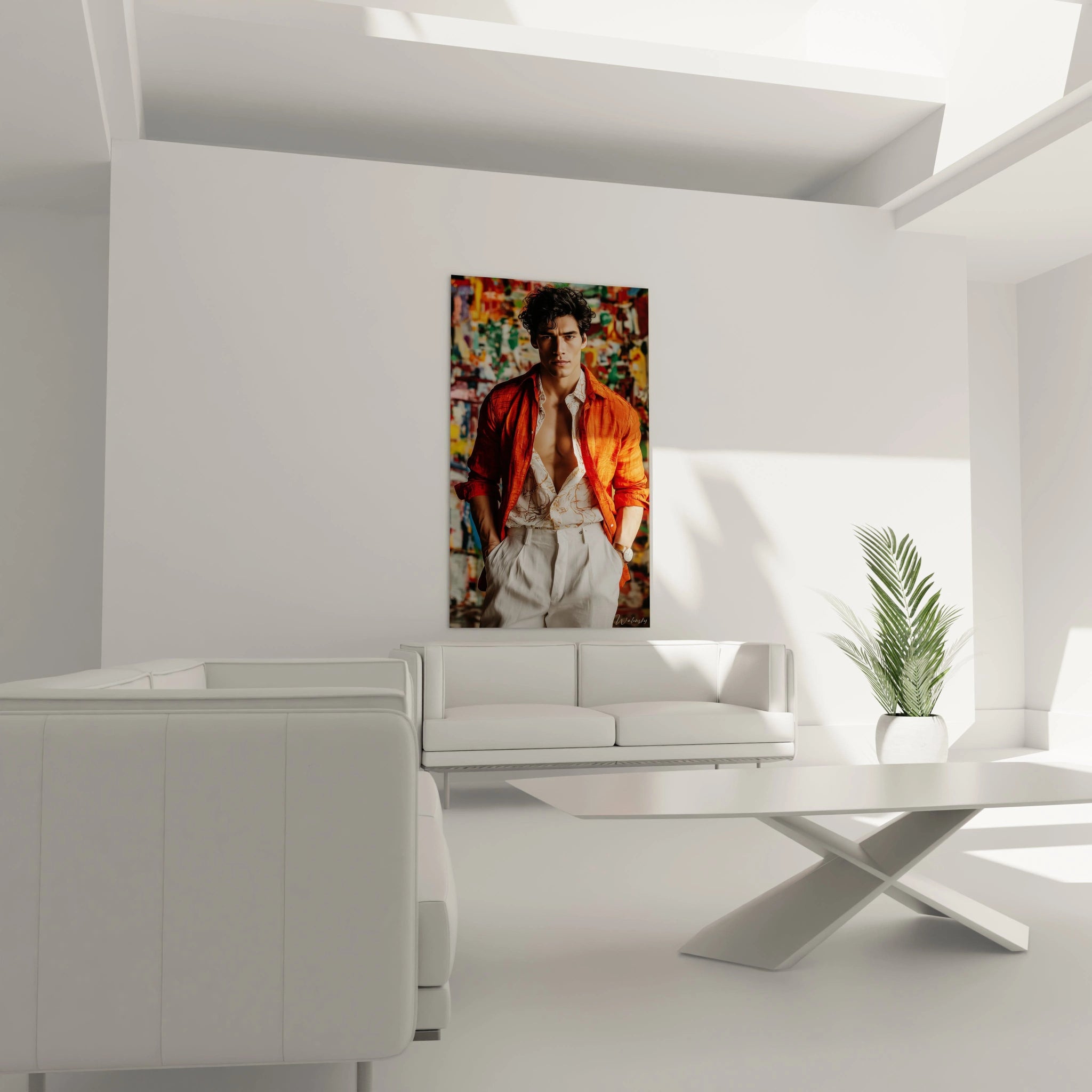Tableau mural homme mode avec un modèle en vêtements modernes sur fond coloré
