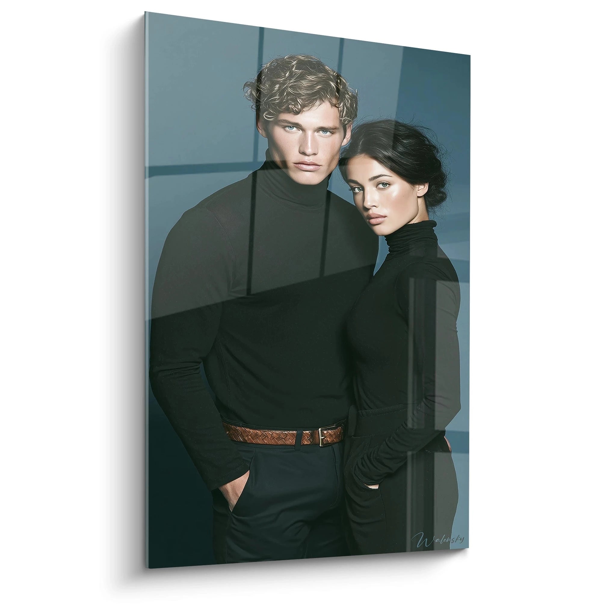 Tableau mode masculine de Walensky présentant un homme et une femme en tenues noires élégantes