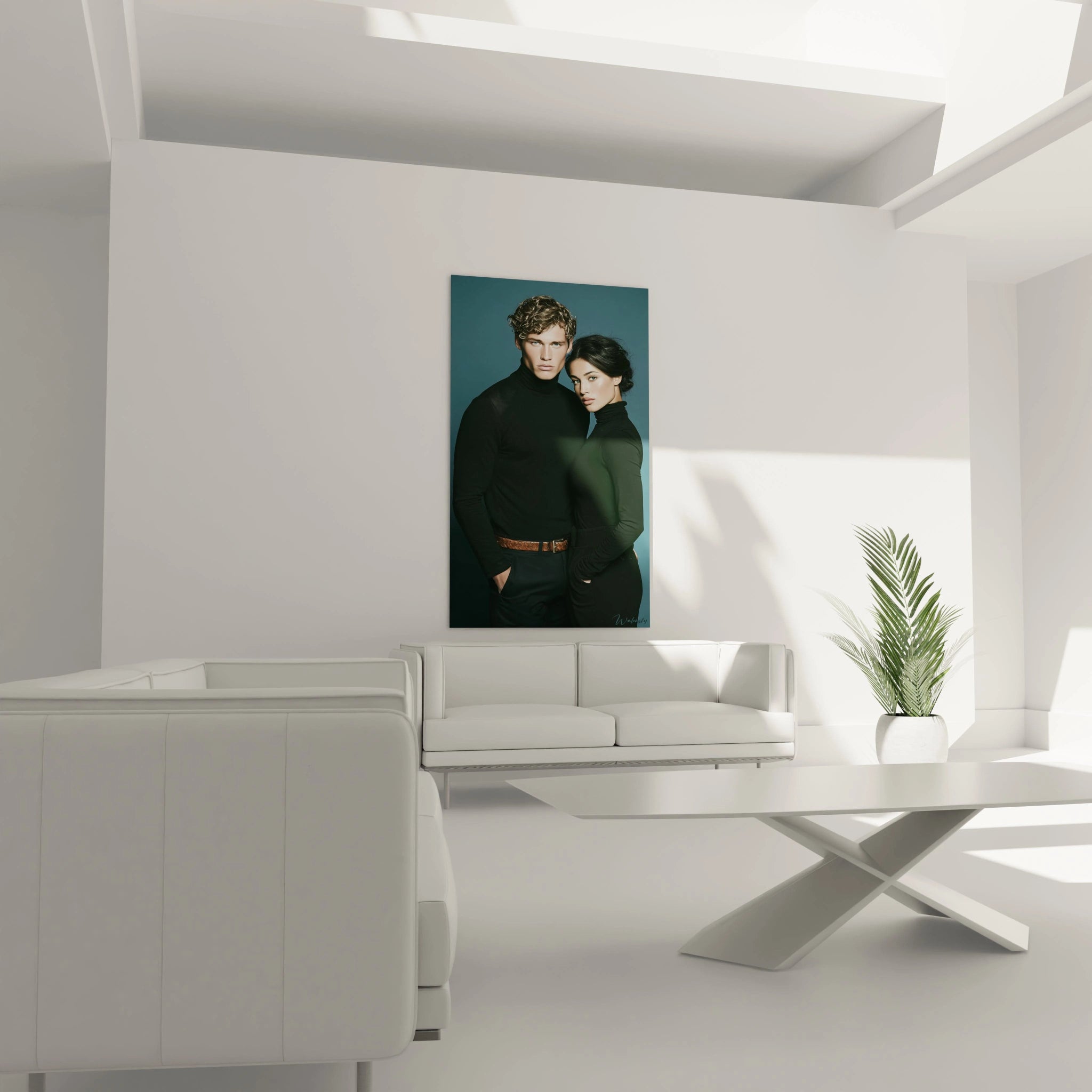 Tableau mode masculine de Walensky, représentant un couple stylisé sur un mur moderne